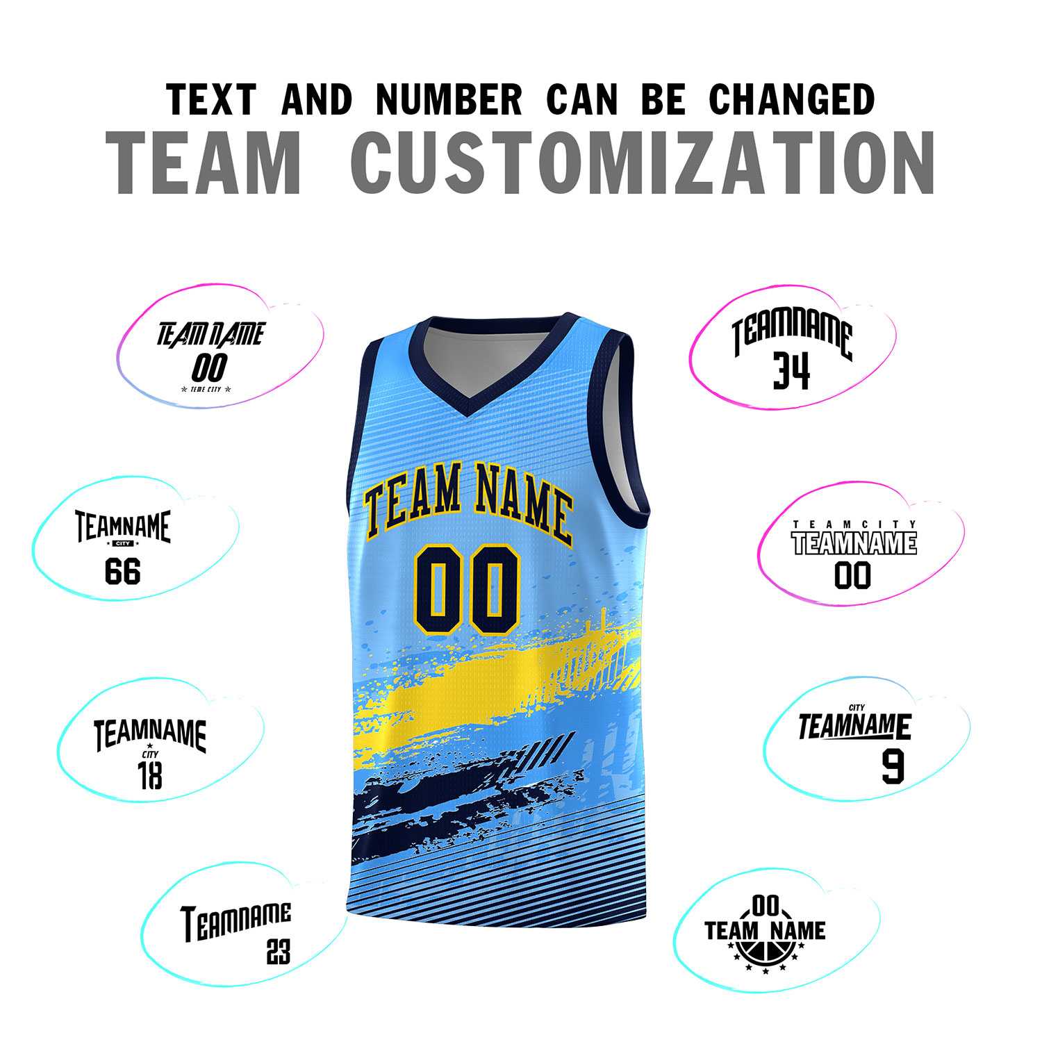 Custom Powder Blue Gold and Navy Graffiti Pattern Sports Uniform Basketball Jersey