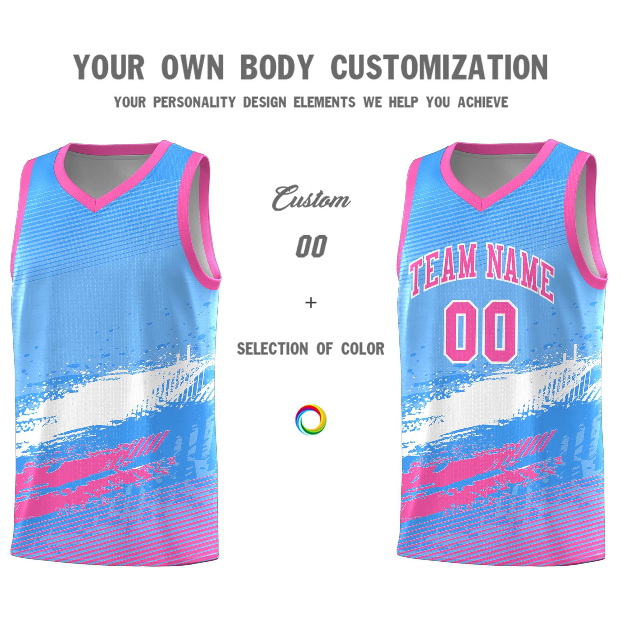 Custom Powder Blue White and Pink Graffiti Pattern Sports Uniform Basketball Jersey