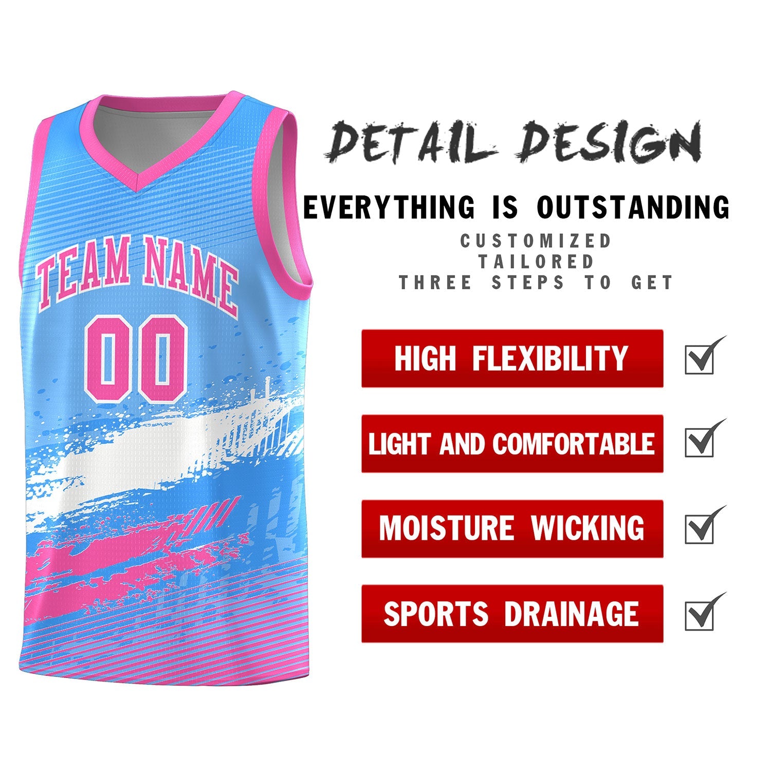 Custom Powder Blue White and Pink Graffiti Pattern Sports Uniform Basketball Jersey