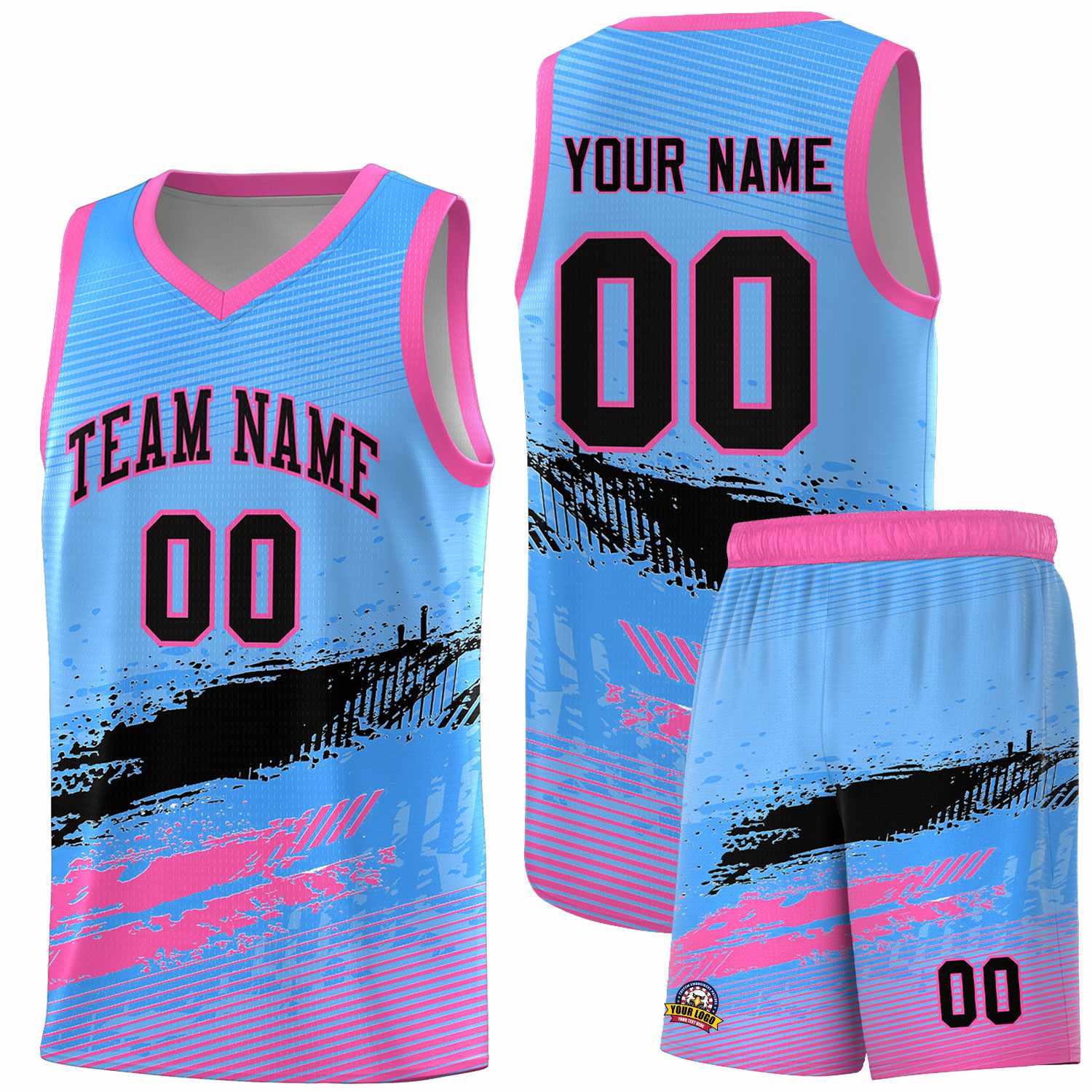 Custom Powder Blue Black and Pink Graffiti Pattern Sports Uniform Basketball Jersey