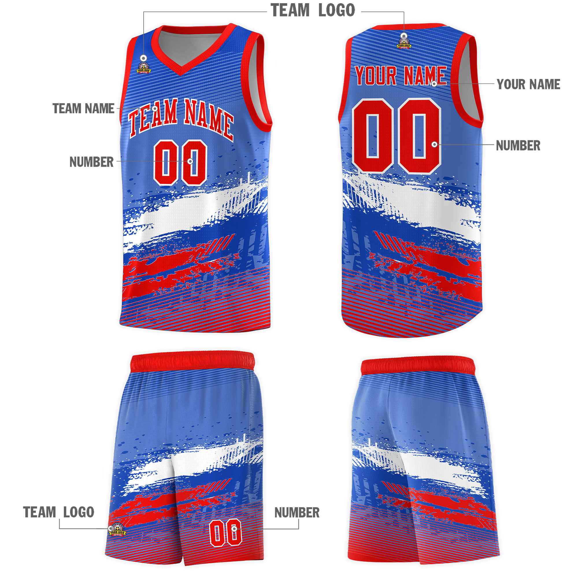 Custom Royal White and Red Graffiti Pattern Sports Uniform Basketball Jersey