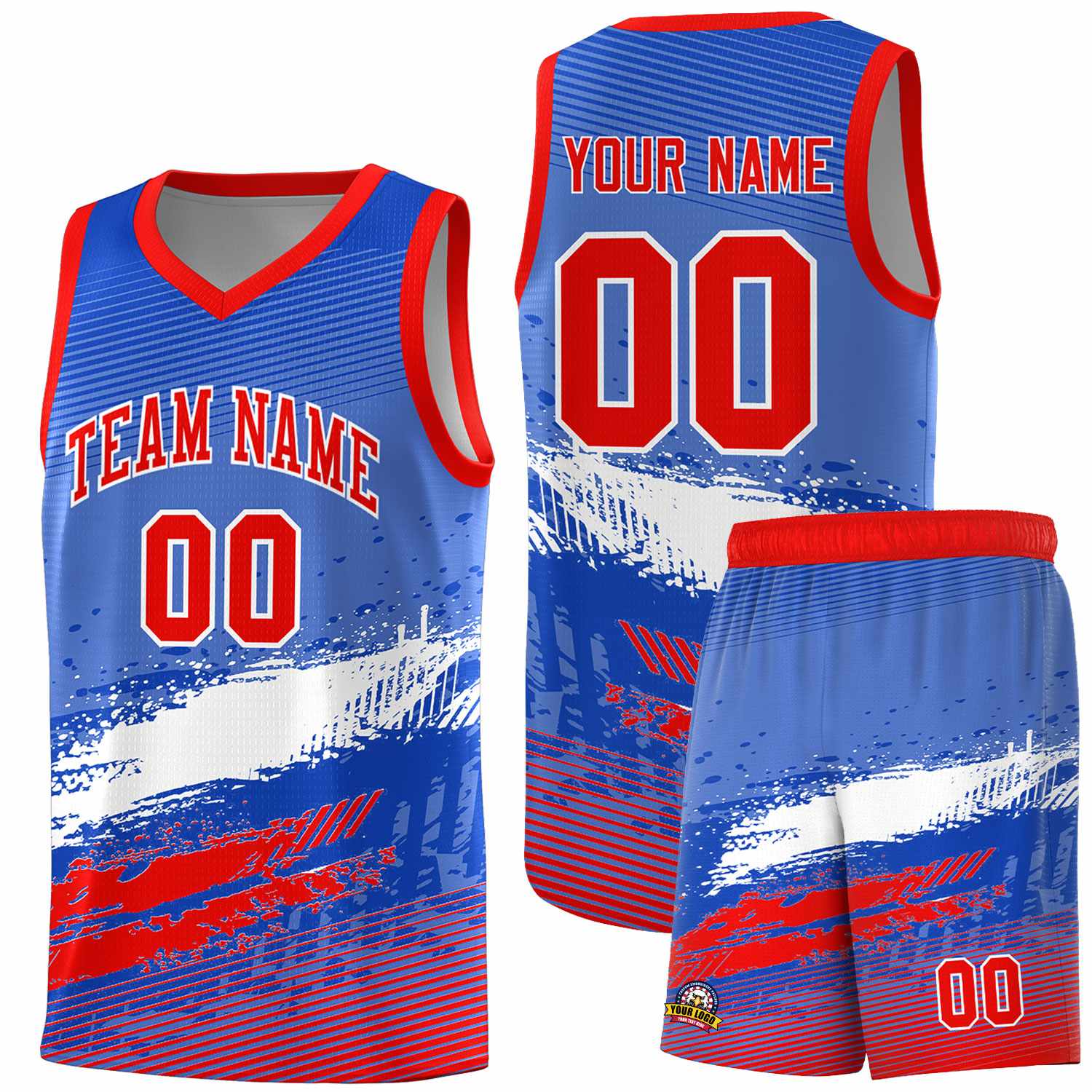 Custom Royal White and Red Graffiti Pattern Sports Uniform Basketball Jersey