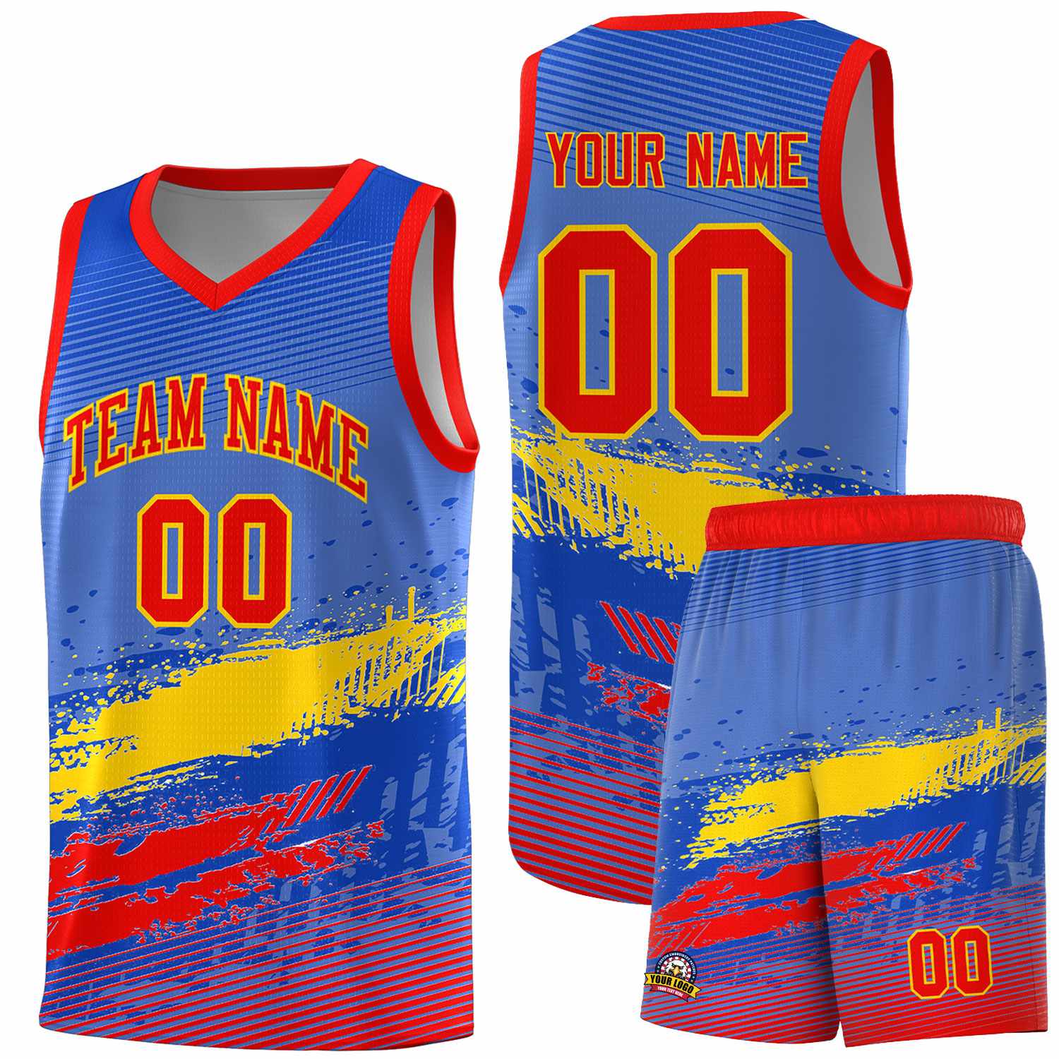 Custom Royal Gold and Red Graffiti Pattern Sports Uniform Basketball Jersey