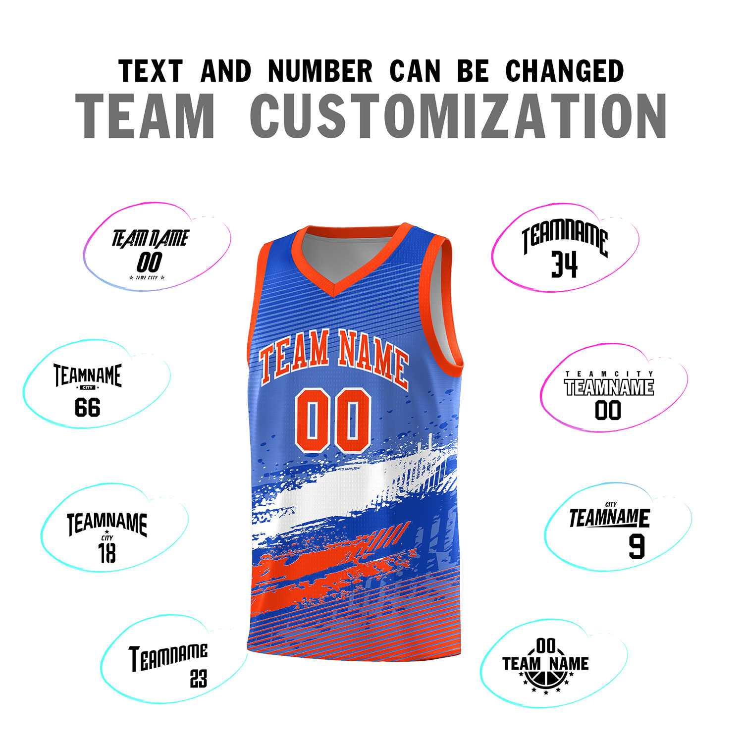 Custom Royal White and Orange Graffiti Pattern Sports Uniform Basketball Jersey