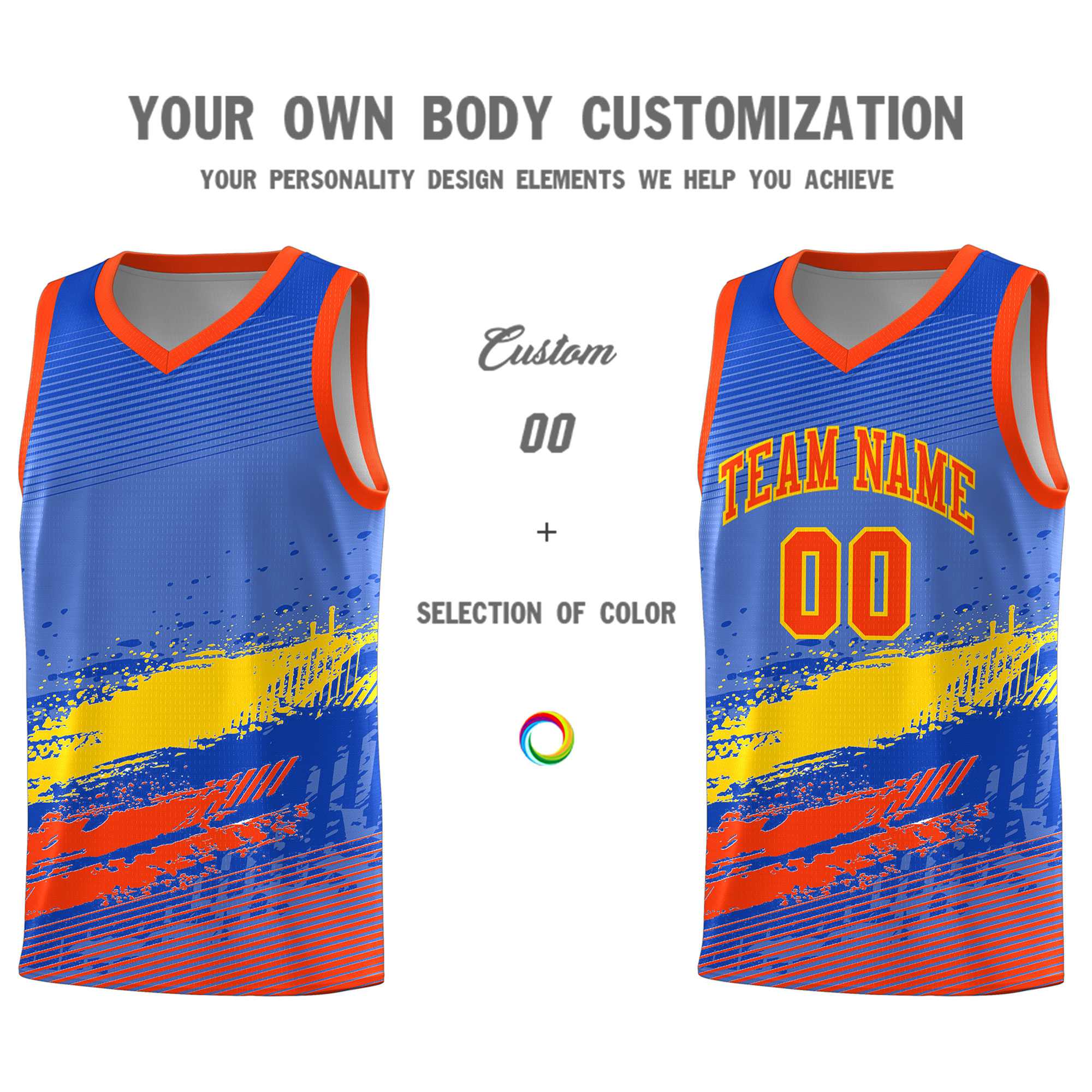 Custom Royal Gold and Orange Graffiti Pattern Sports Uniform Basketball Jersey