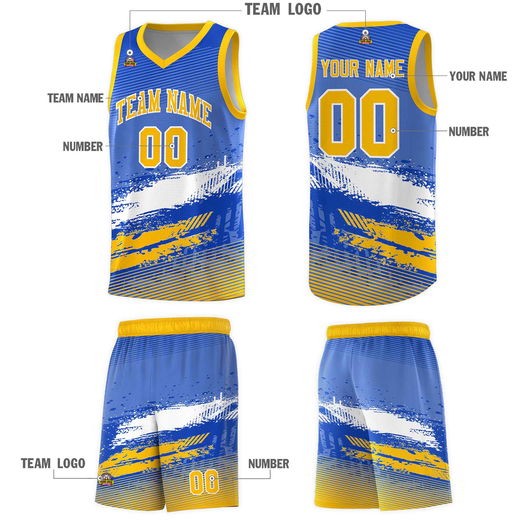 Custom Royal White and Yellow Graffiti Pattern Sports Uniform Basketball Jersey