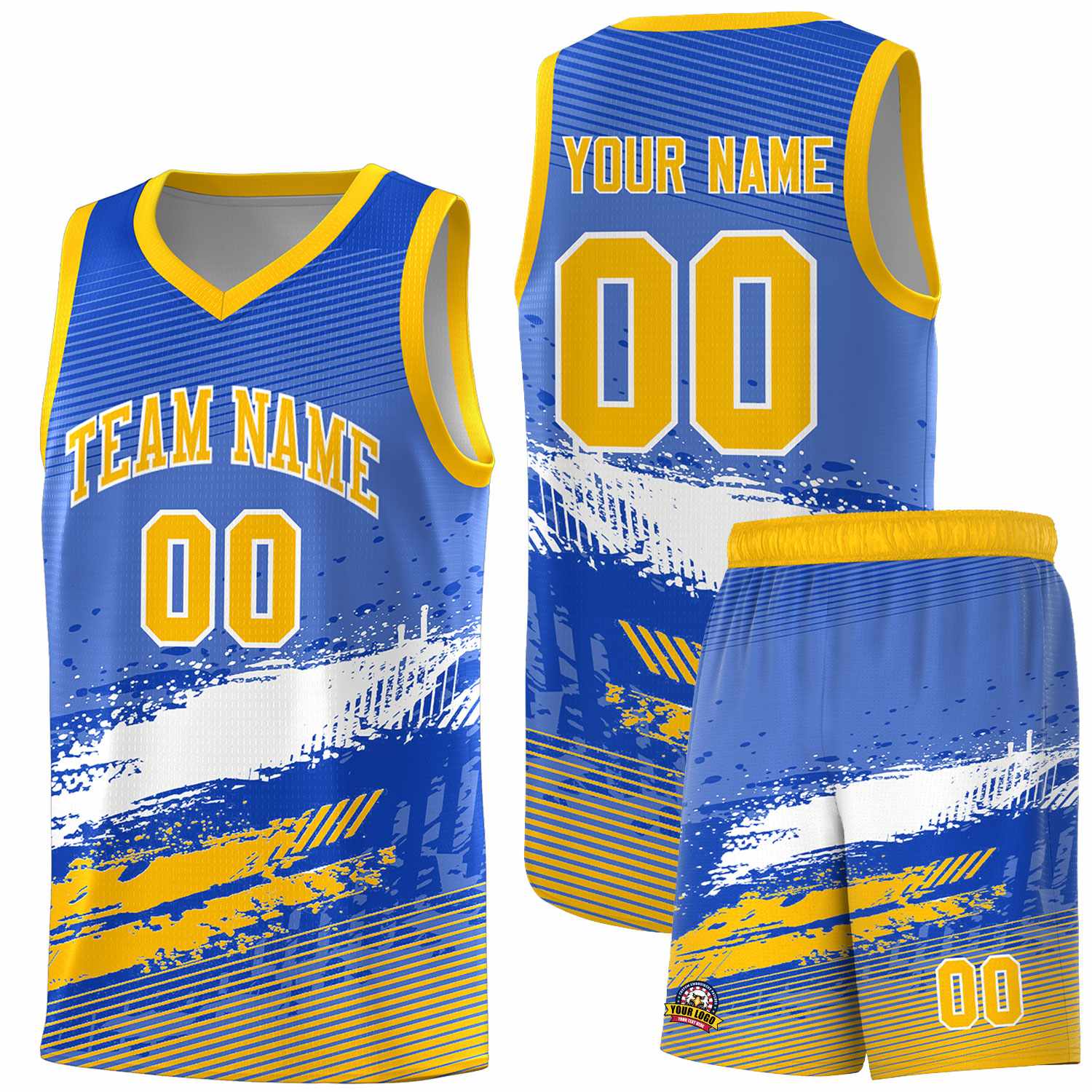 Custom Royal White and Yellow Graffiti Pattern Sports Uniform Basketball Jersey