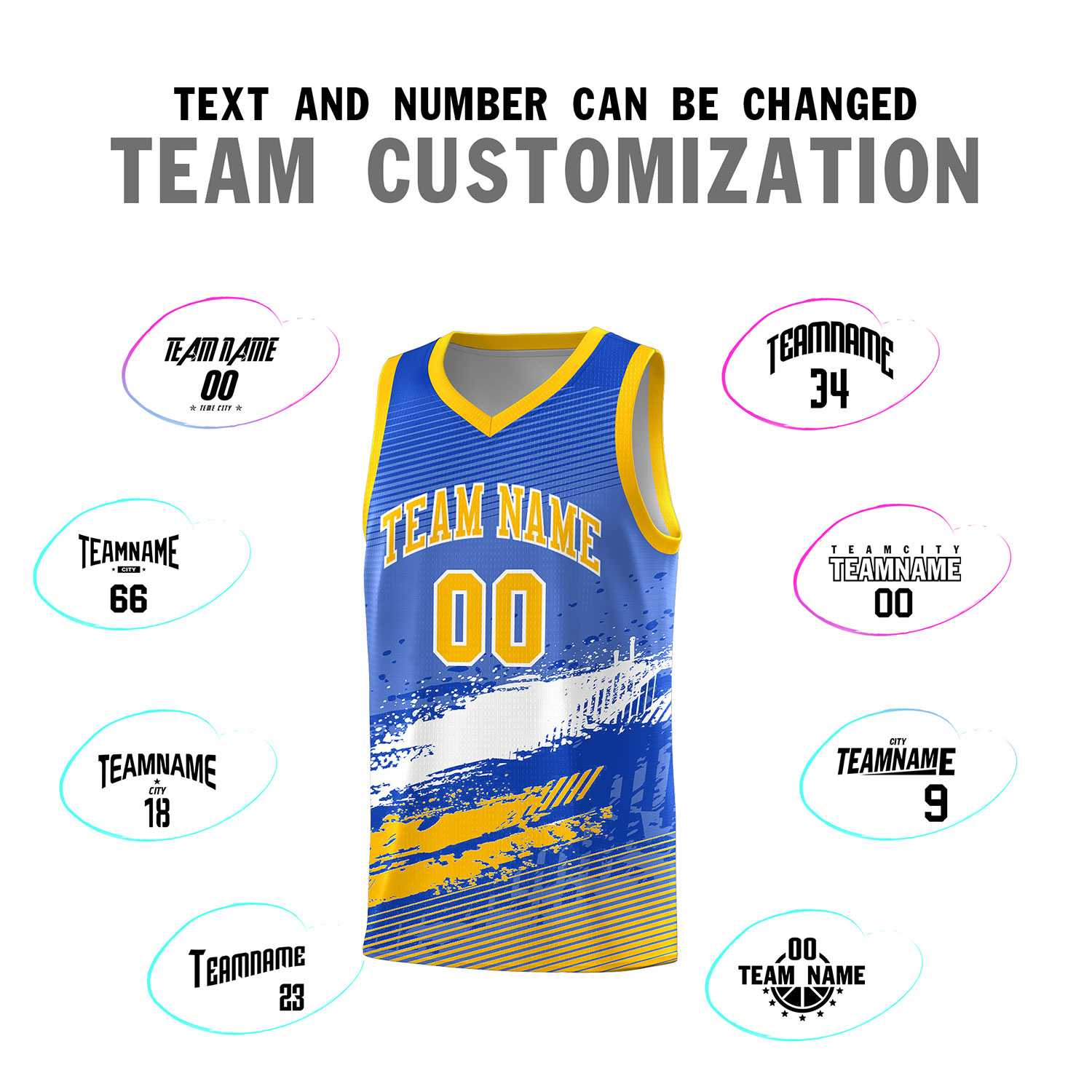 Custom Royal White and Yellow Graffiti Pattern Sports Uniform Basketball Jersey