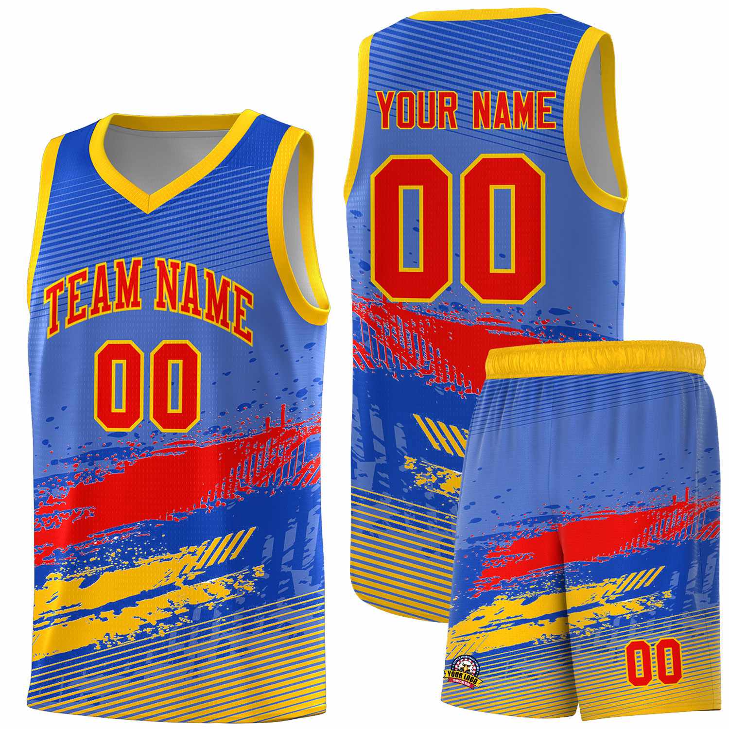 Custom Royal Red and Yellow Graffiti Pattern Sports Uniform Basketball Jersey