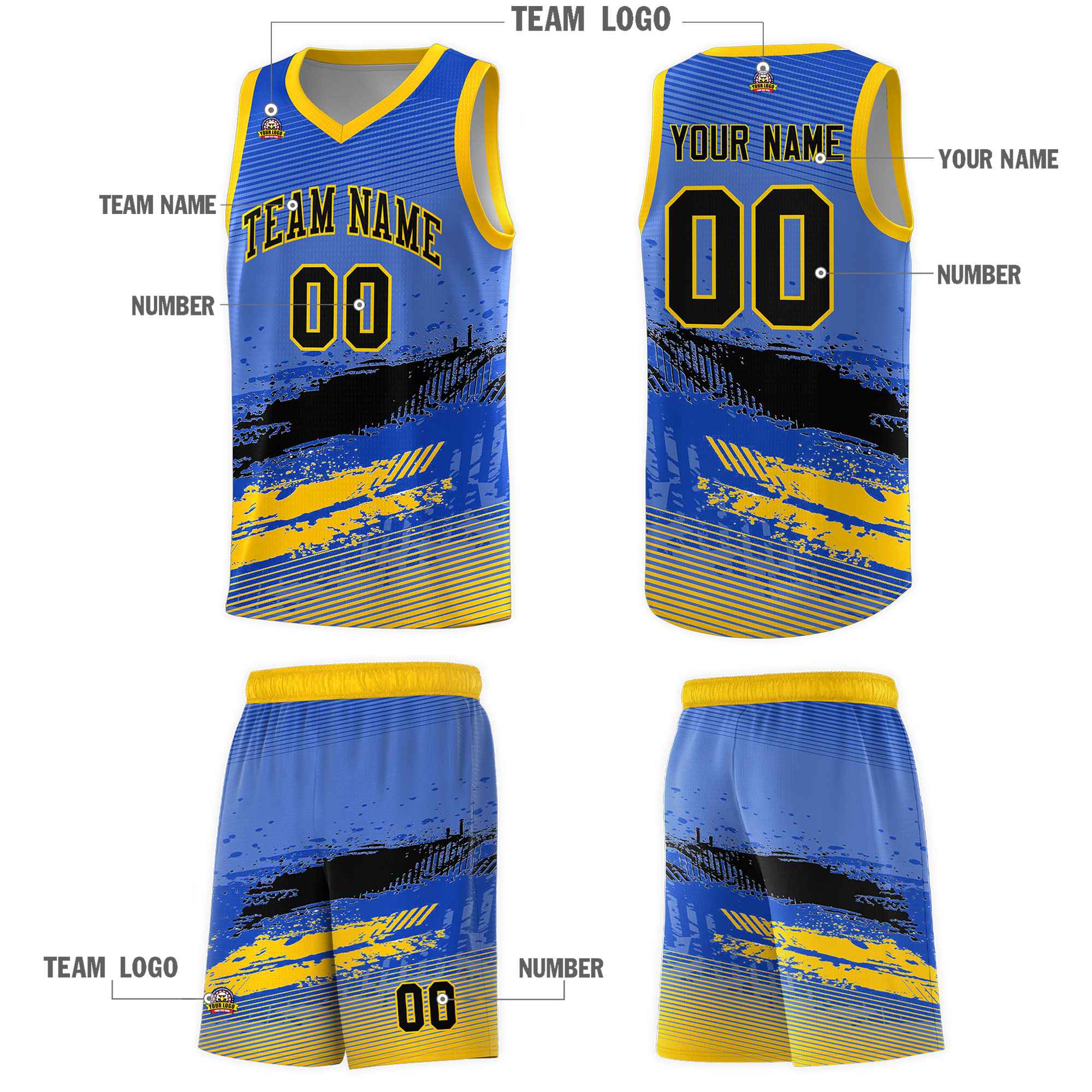 Custom Royal Black and Yellow Graffiti Pattern Sports Uniform Basketball Jersey