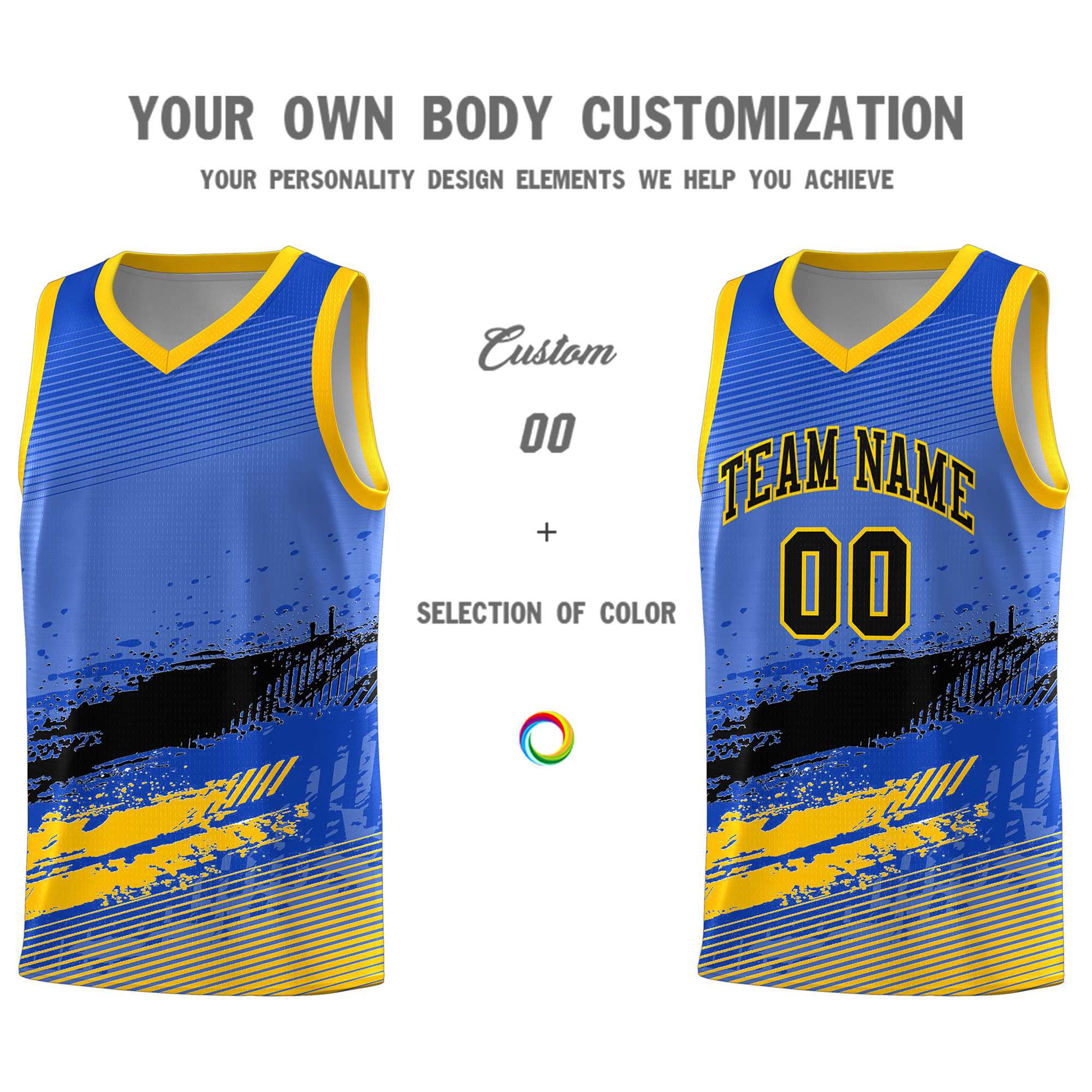 Custom Royal Black and Yellow Graffiti Pattern Sports Uniform Basketball Jersey