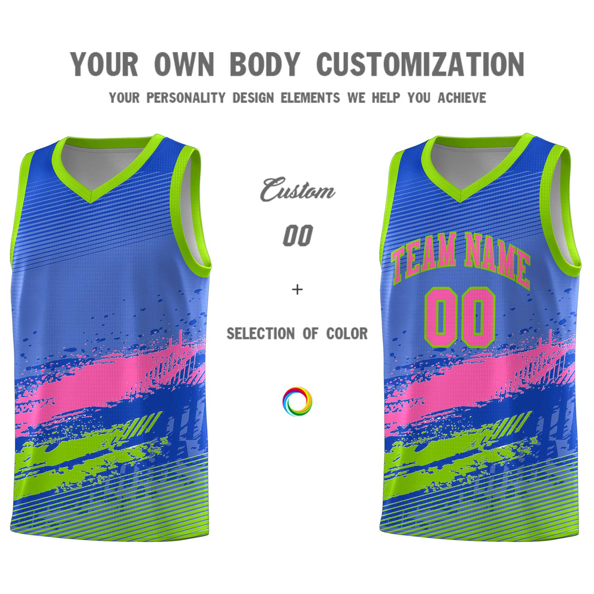 Custom Royal Pink and Neon Green Graffiti Pattern Sports Uniform Basketball Jersey