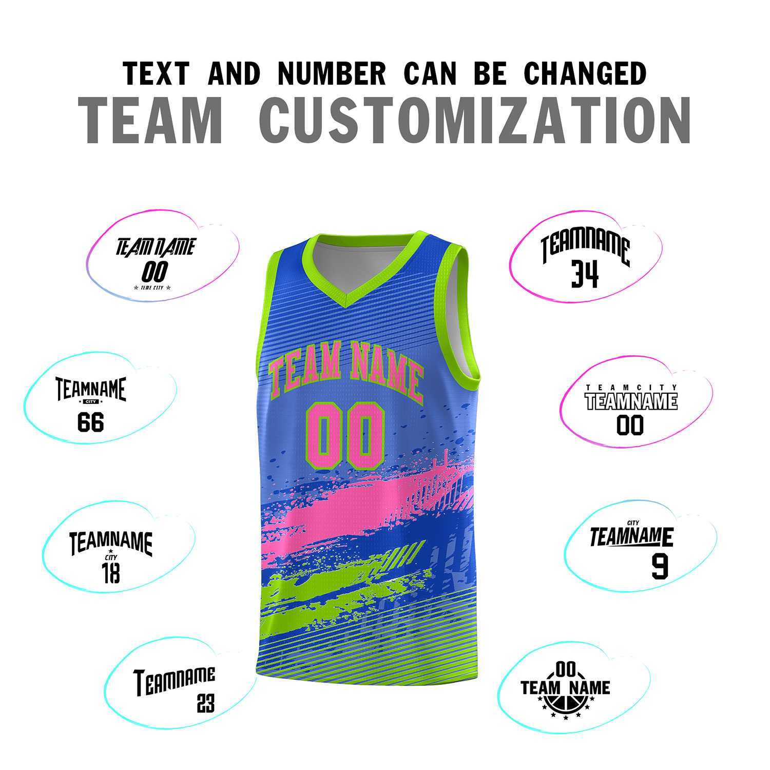 Custom Royal Pink and Neon Green Graffiti Pattern Sports Uniform Basketball Jersey