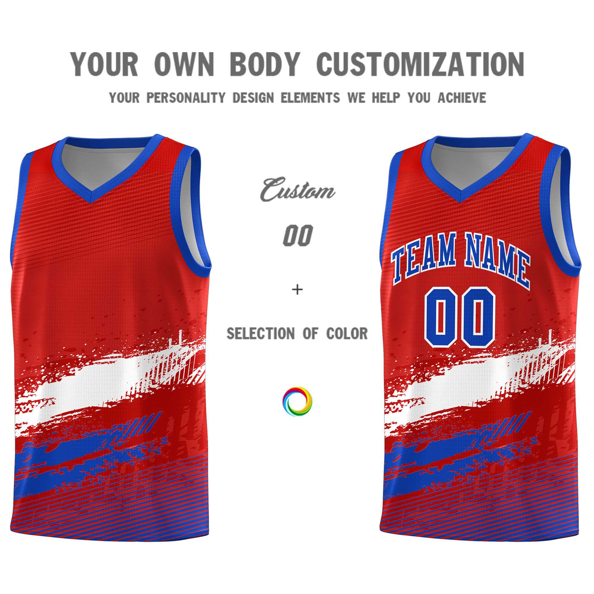 Custom Red White and Royal Graffiti Pattern Sports Uniform Basketball Jersey