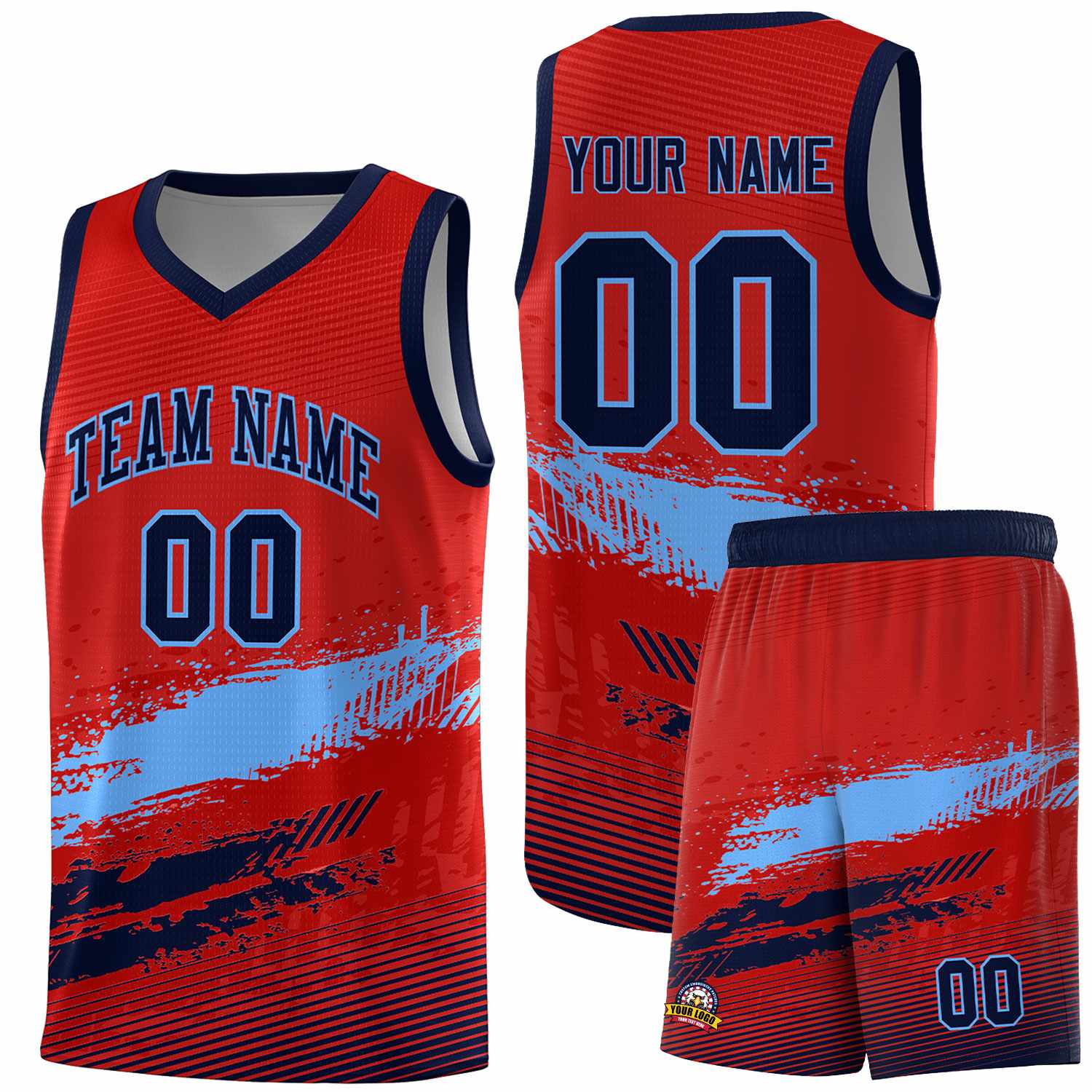 Custom Red Powder Blue and Navy Graffiti Pattern Sports Uniform Basketball Jersey