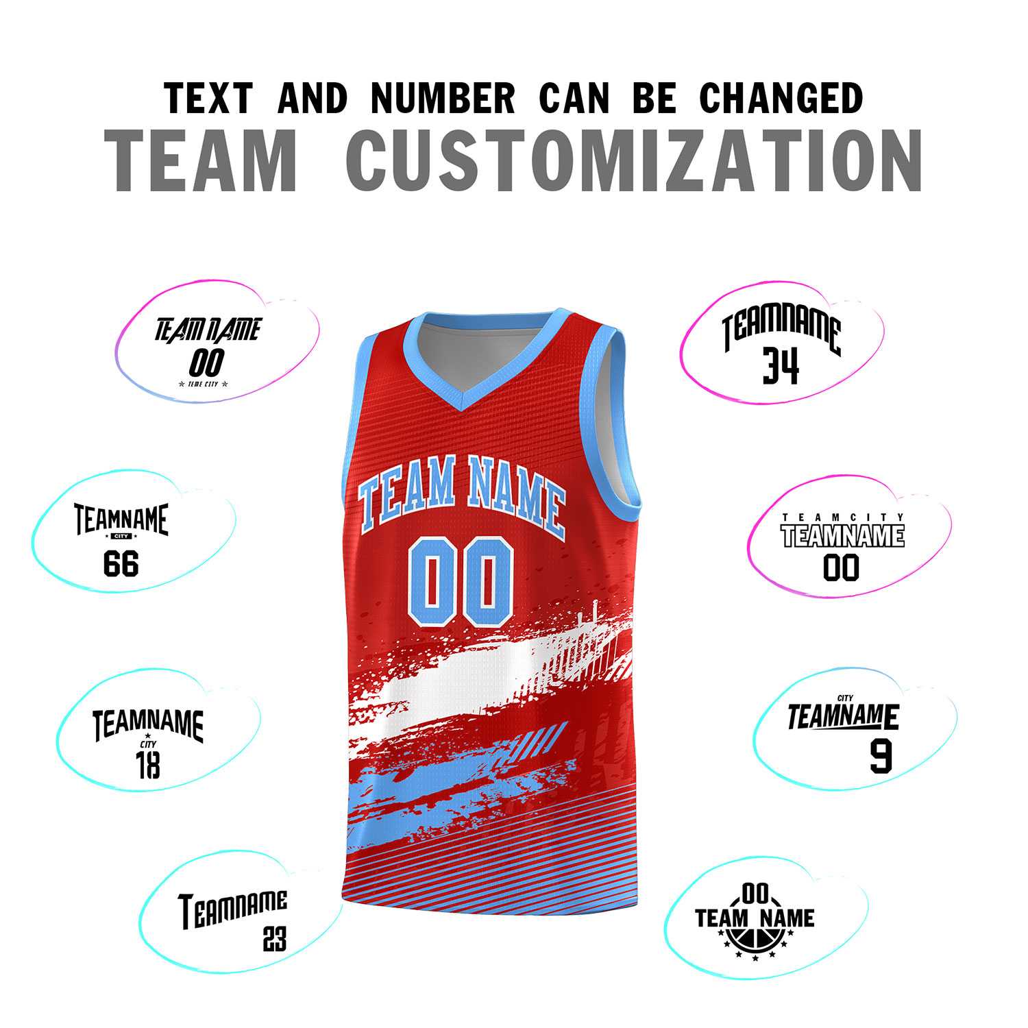 Custom Red White and Powder Blue Graffiti Pattern Sports Uniform Basketball Jersey