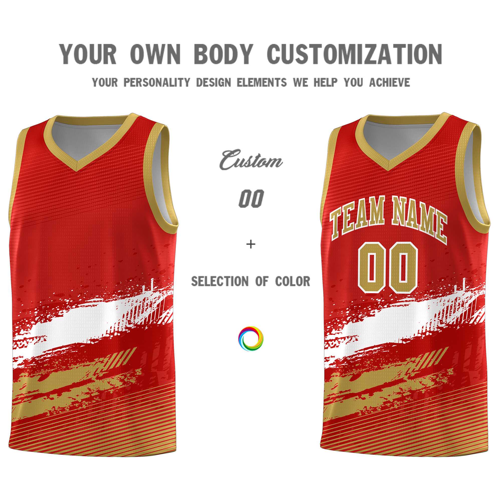 Custom Red White and Old Gold Graffiti Pattern Sports Uniform Basketball Jersey