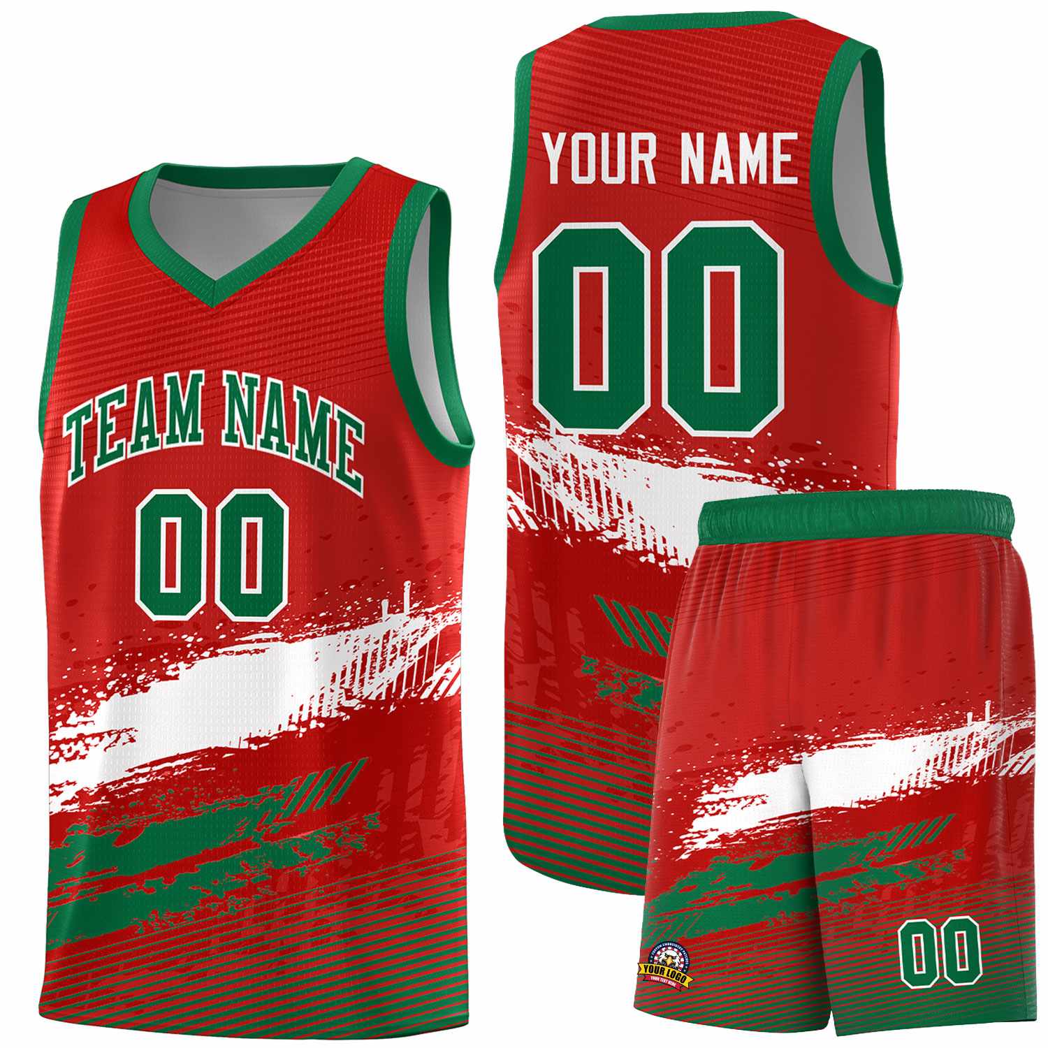 Custom Red White and Kelly Green Graffiti Pattern Sports Uniform Basketball Jersey