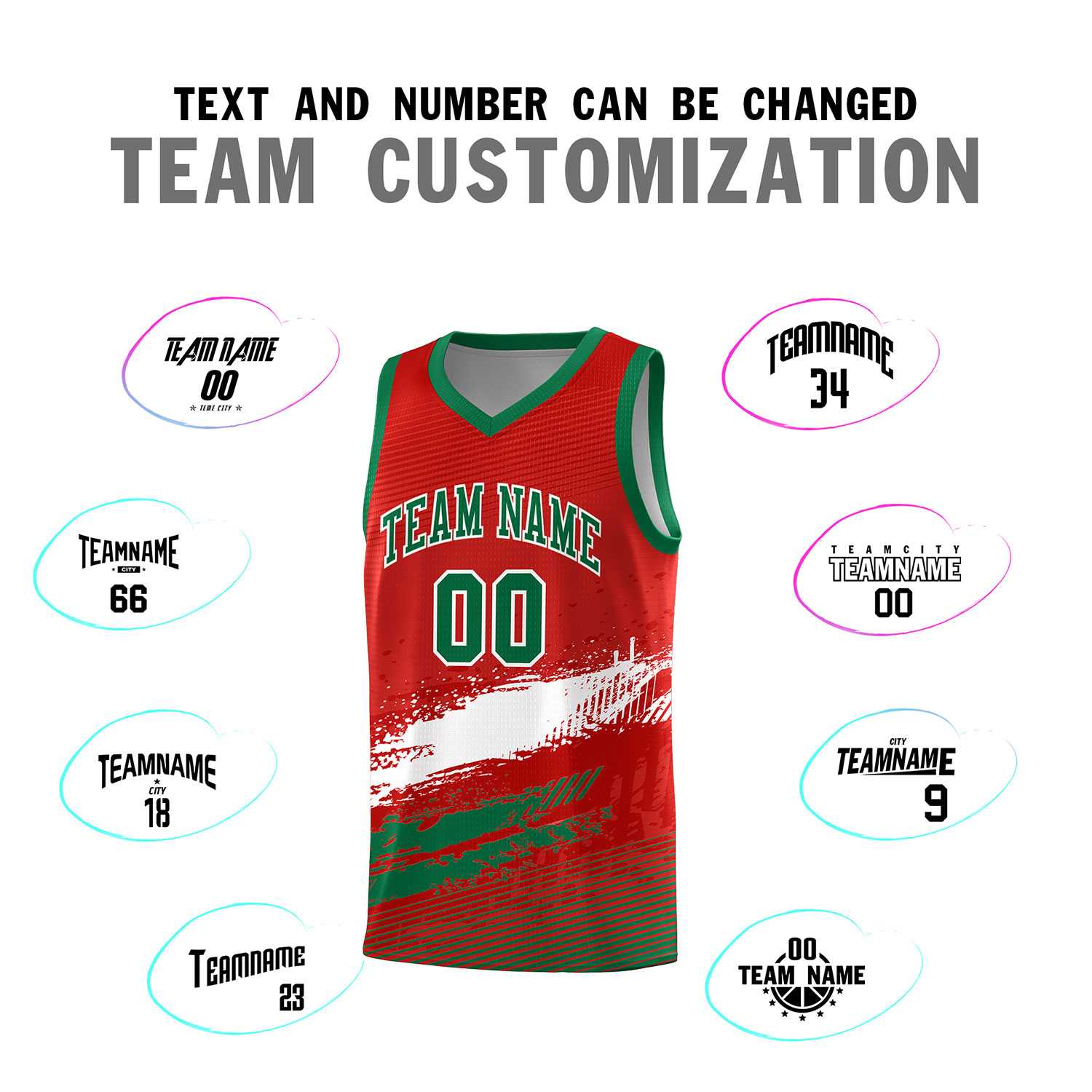 Custom Red White and Kelly Green Graffiti Pattern Sports Uniform Basketball Jersey