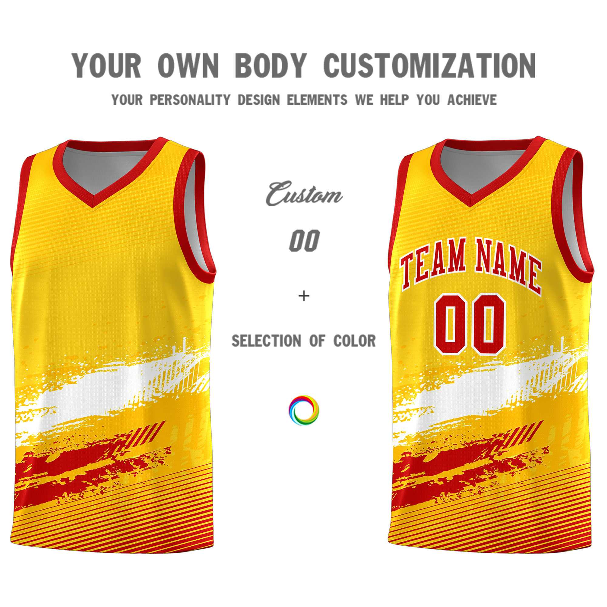 Custom Yellow White and Red Graffiti Pattern Sports Uniform Basketball Jersey