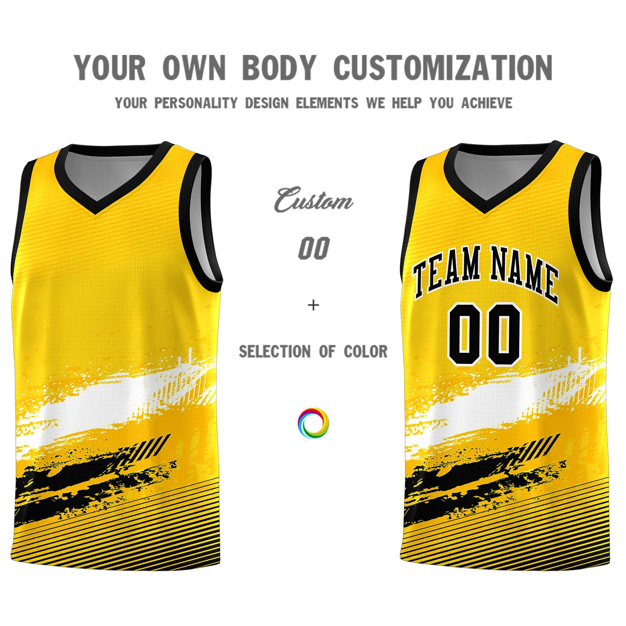 Custom Yellow White and Black Graffiti Pattern Sports Uniform Basketball Jersey