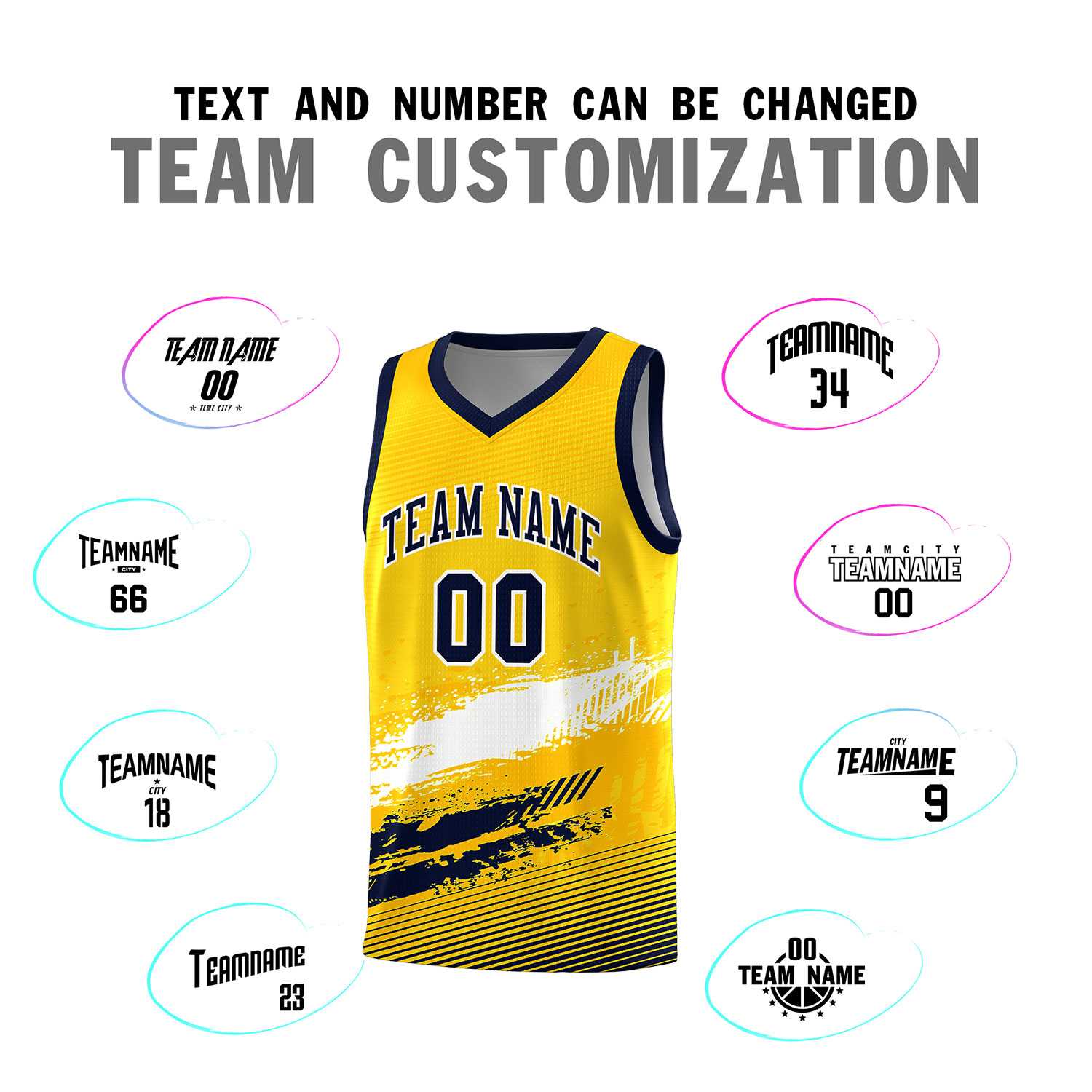 Custom Yellow White and Navy Graffiti Pattern Sports Uniform Basketball Jersey