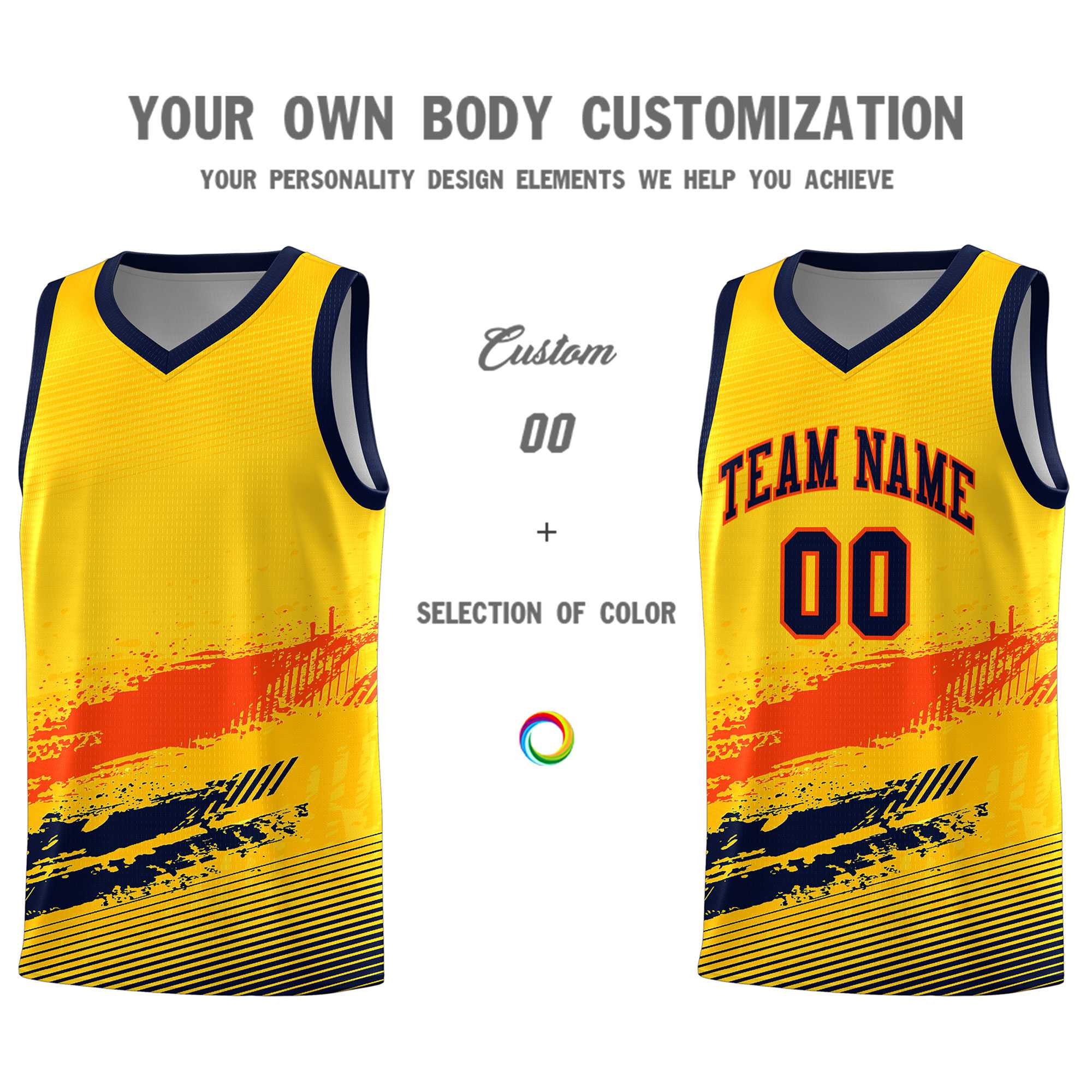 Custom Yellow Orange and Navy Graffiti Pattern Sports Uniform Basketball Jersey