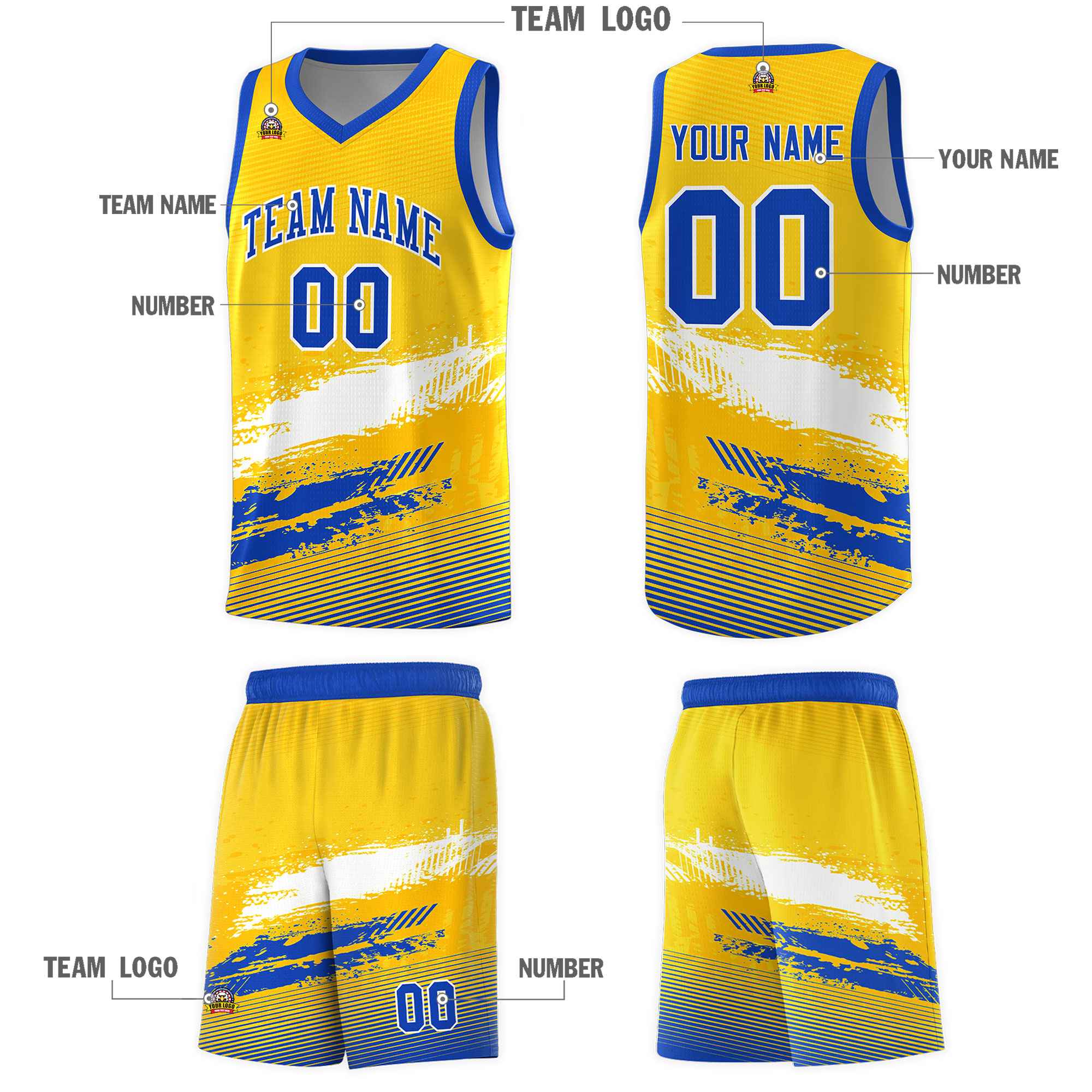 Custom Yellow White and Royal Graffiti Pattern Sports Uniform Basketball Jersey