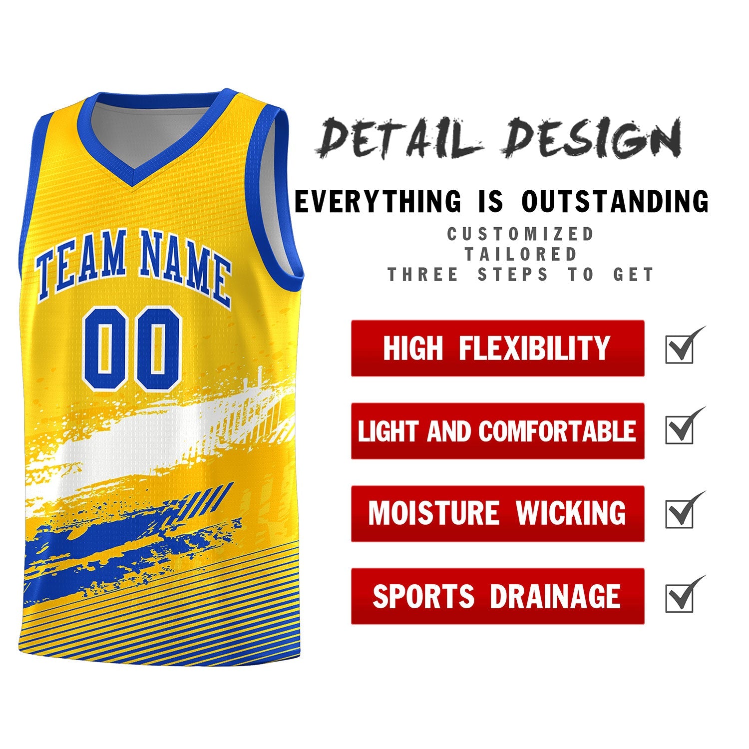 Custom Yellow White and Royal Graffiti Pattern Sports Uniform Basketball Jersey