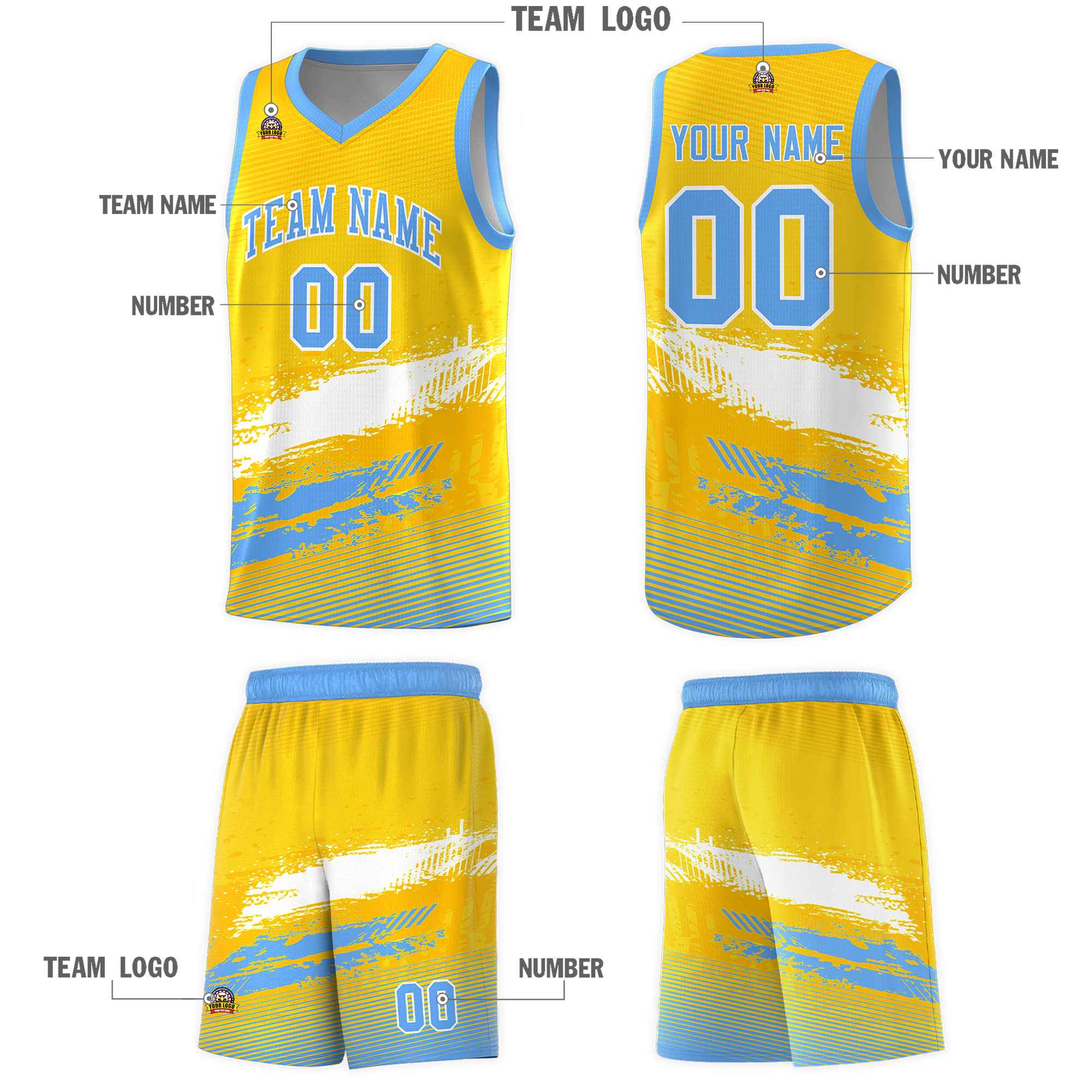 Custom Yellow White and Powder Blue Graffiti Pattern Sports Uniform Basketball Jersey