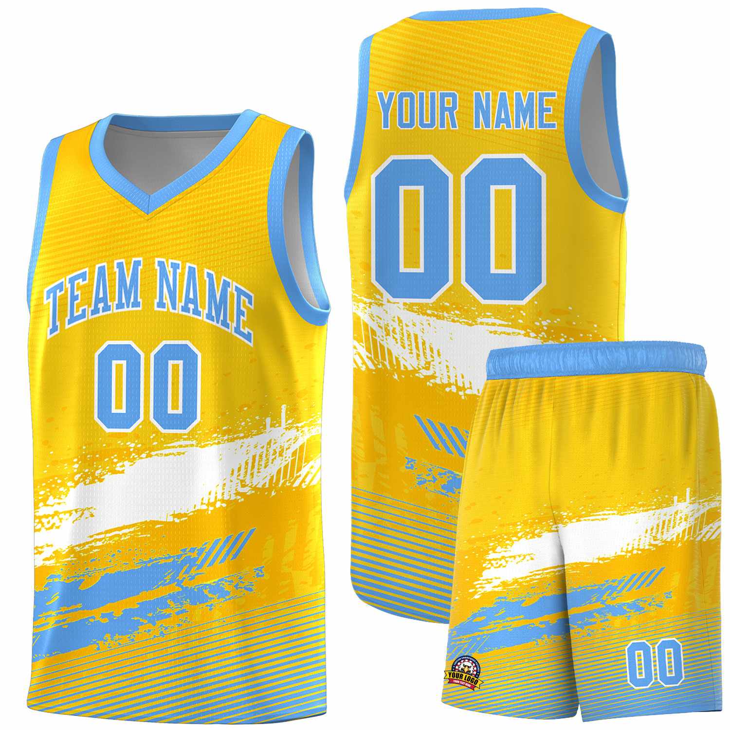 Custom Yellow White and Powder Blue Graffiti Pattern Sports Uniform Basketball Jersey