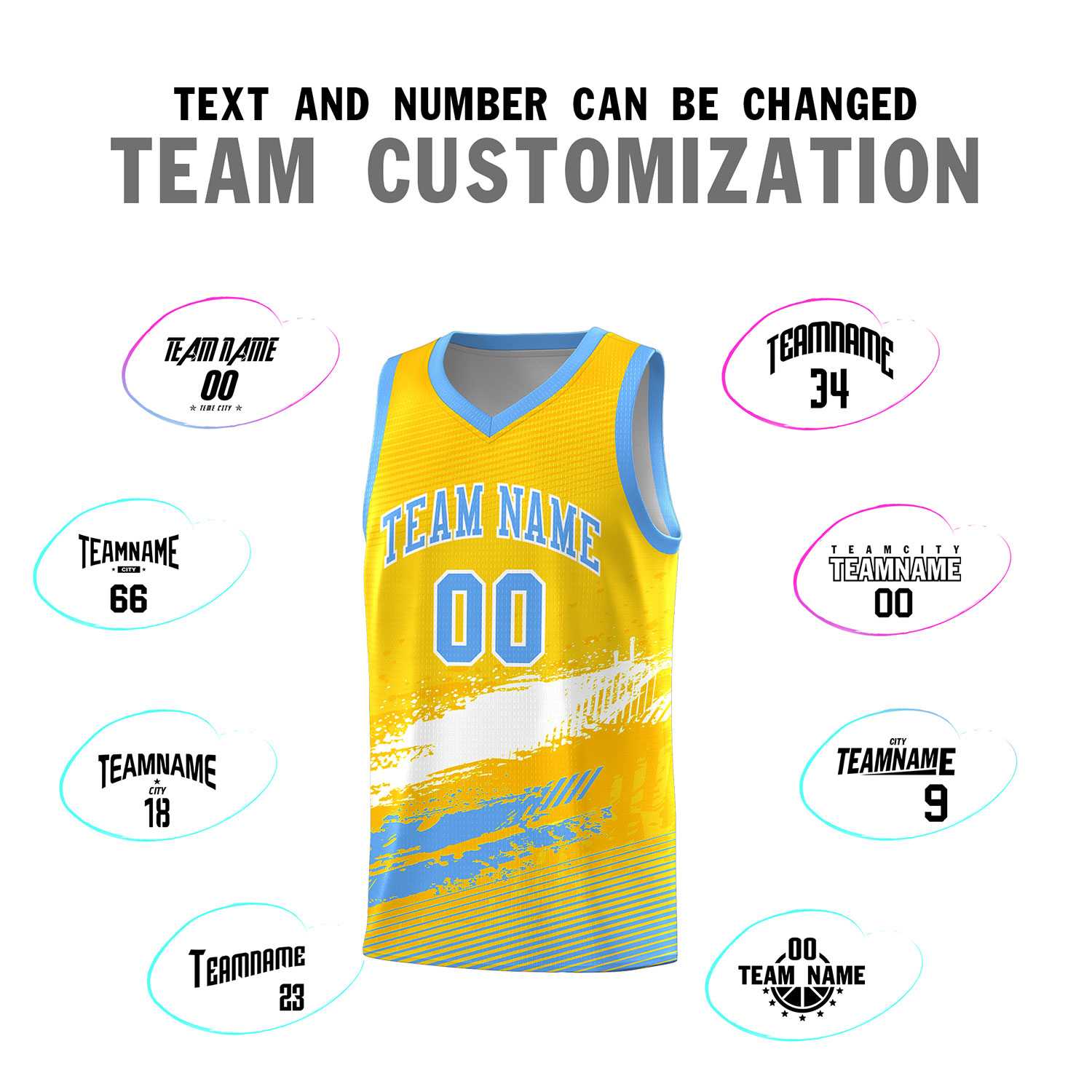 Custom Yellow White and Powder Blue Graffiti Pattern Sports Uniform Basketball Jersey