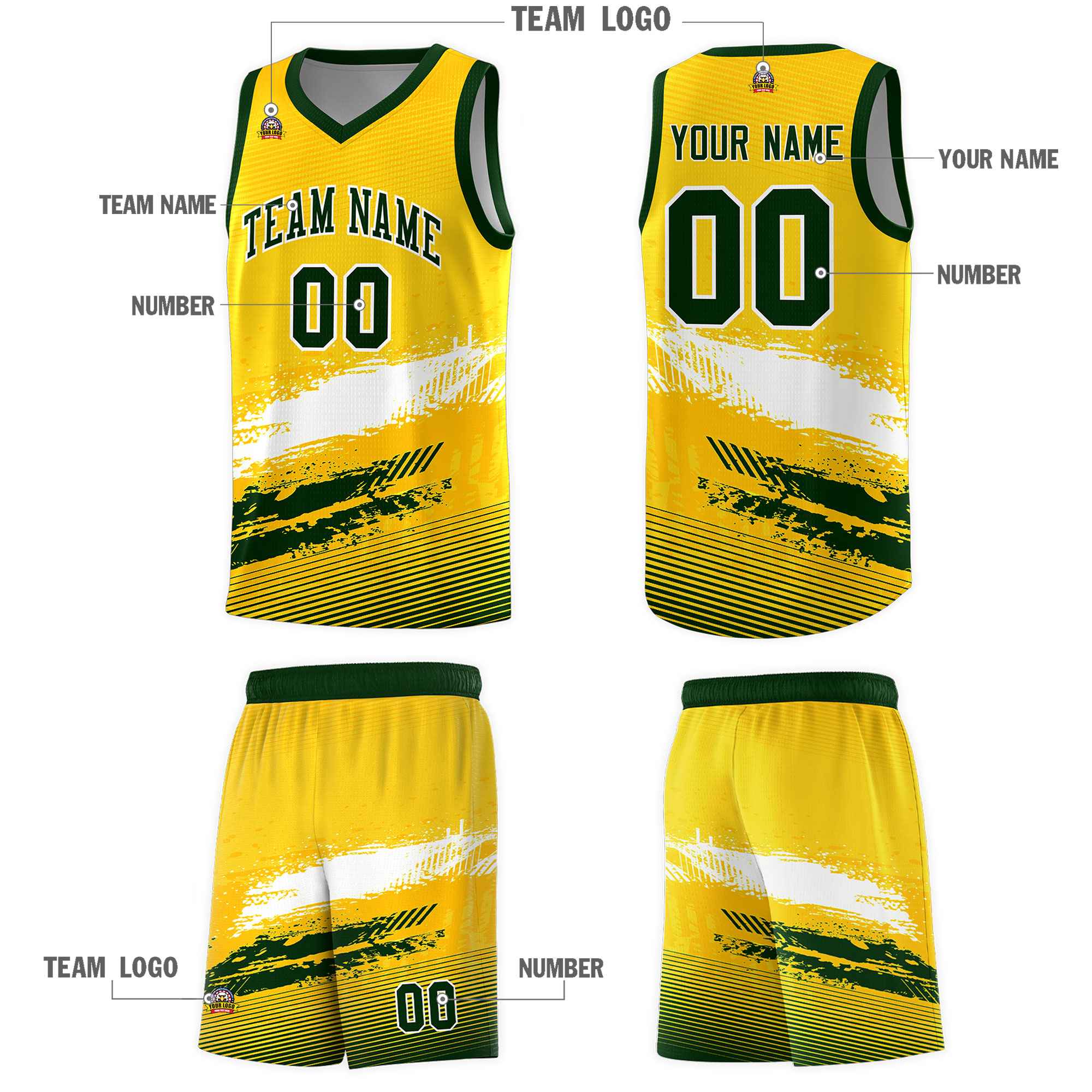 Custom Yellow White and Green Graffiti Pattern Sports Uniform Basketball Jersey