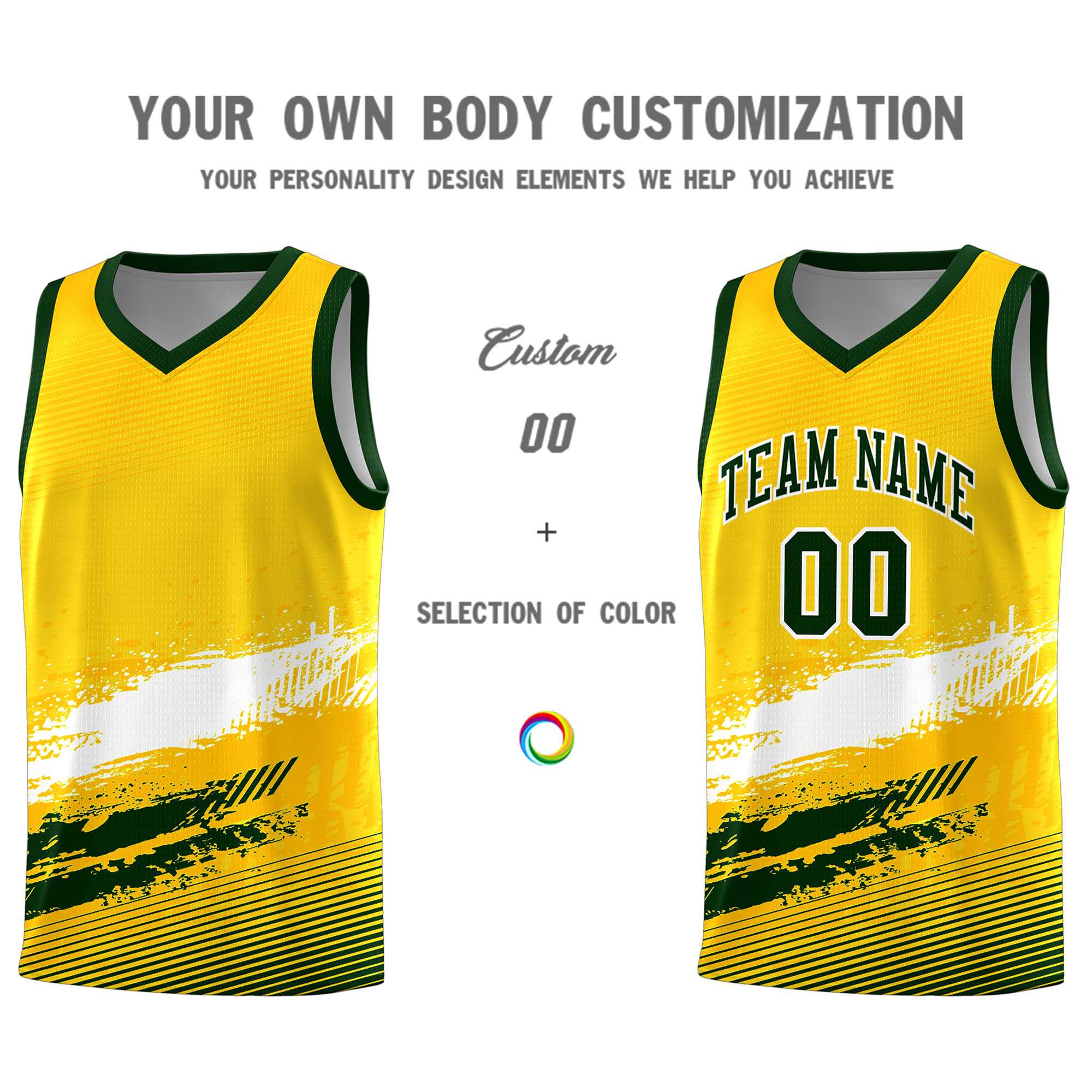 Custom Yellow White and Green Graffiti Pattern Sports Uniform Basketball Jersey