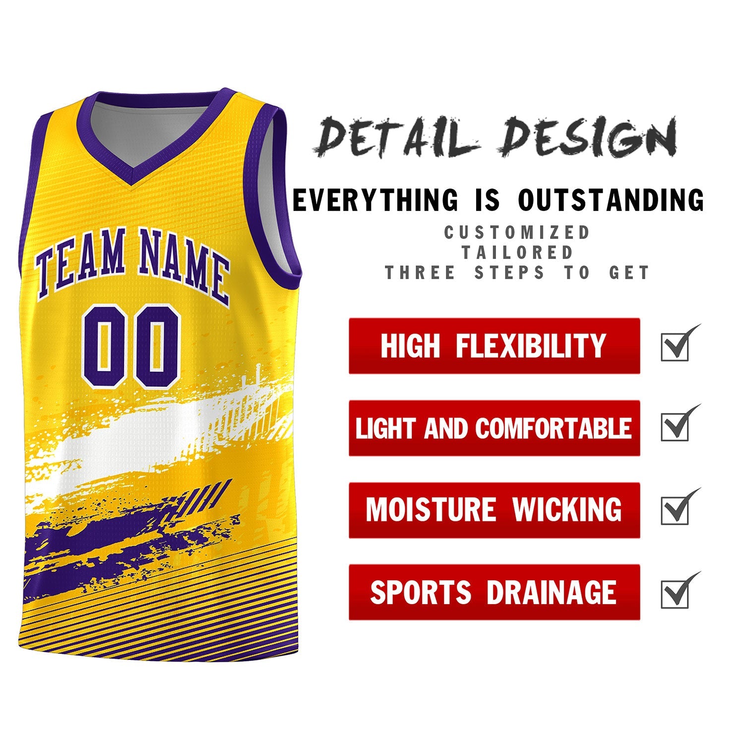 Custom Yellow White and Purple Graffiti Pattern Sports Uniform Basketball Jersey