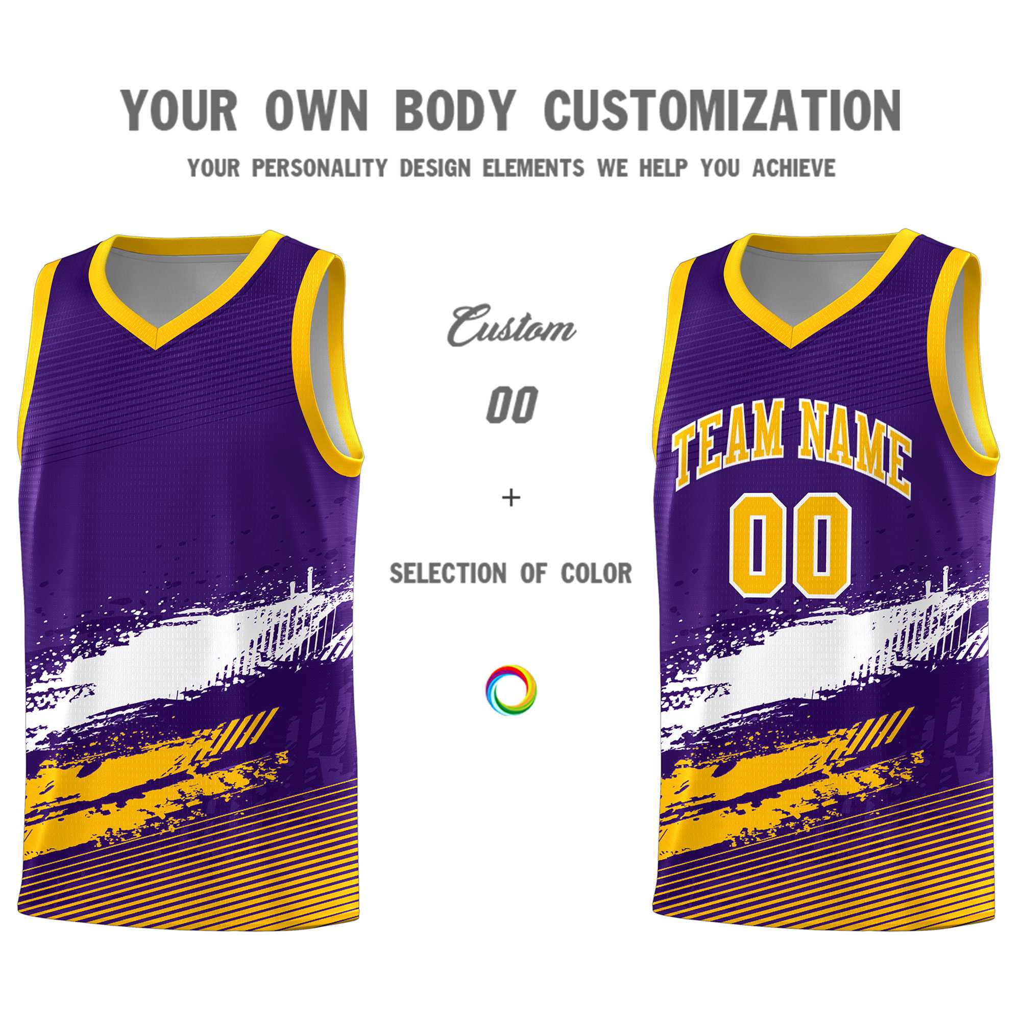 Custom Purple White and Yellow Graffiti Pattern Sports Uniform Basketball Jersey