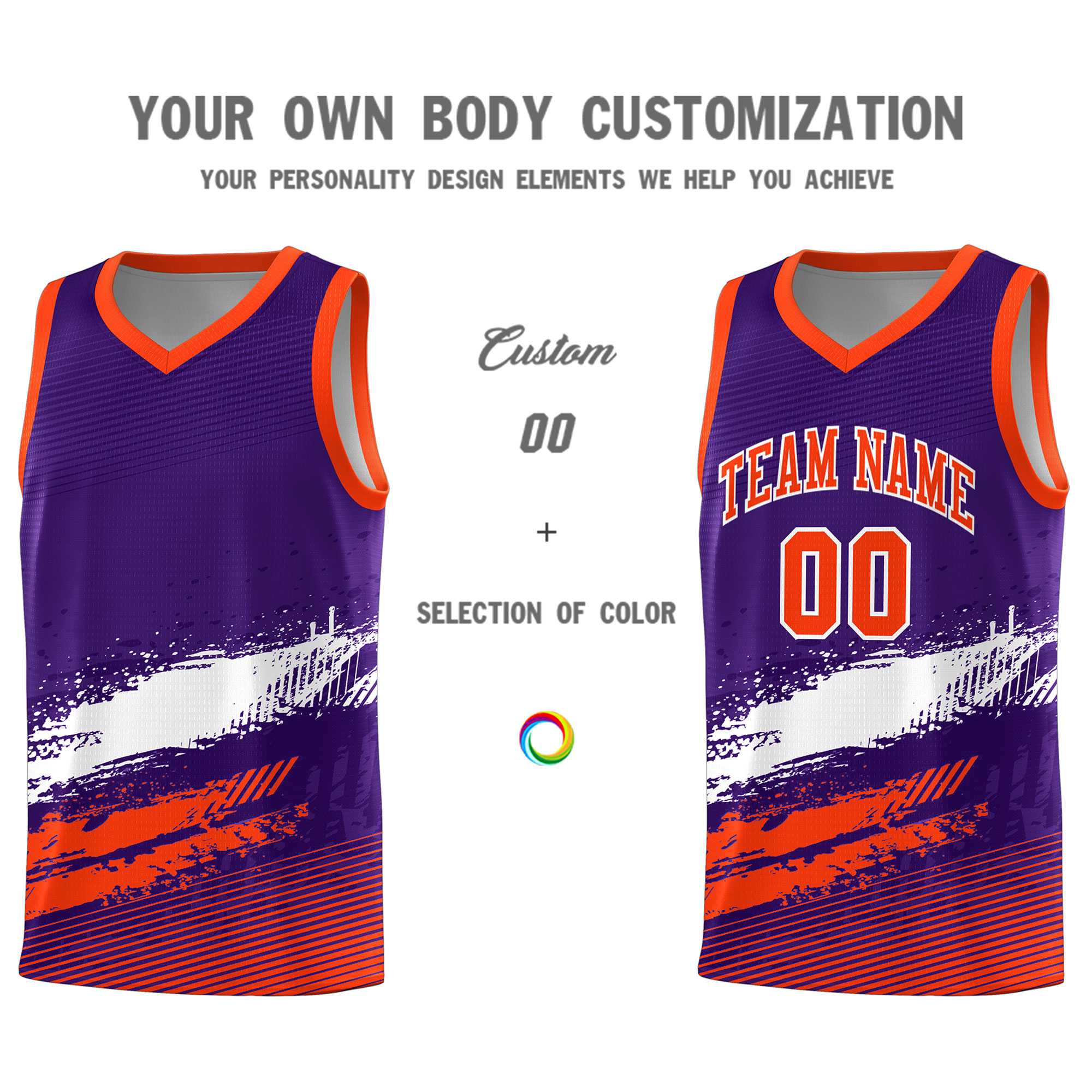 Custom Purple White and Orange Graffiti Pattern Sports Uniform Basketball Jersey