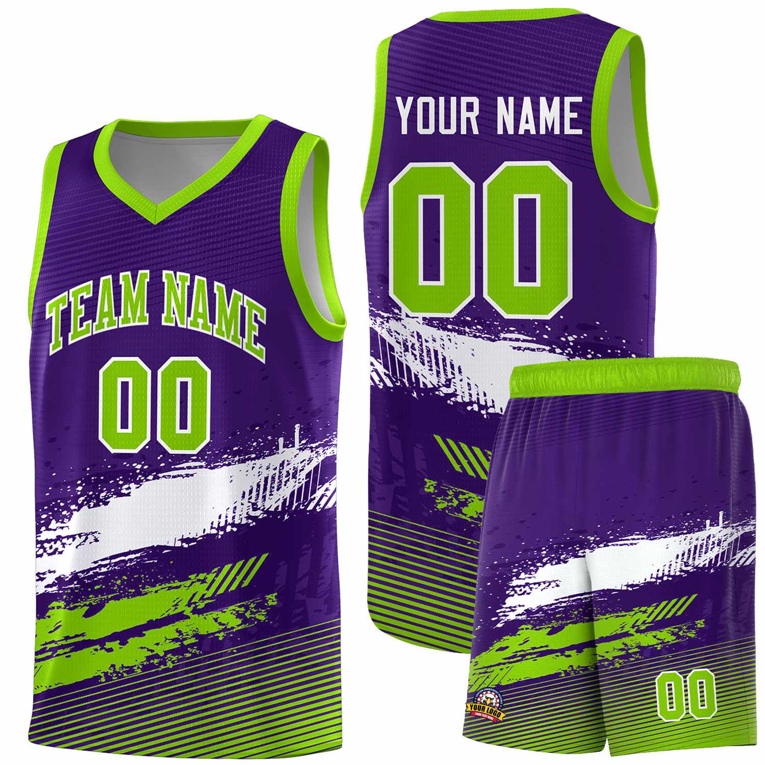 Custom Purple White and Neon Green Graffiti Pattern Sports Uniform Basketball Jersey