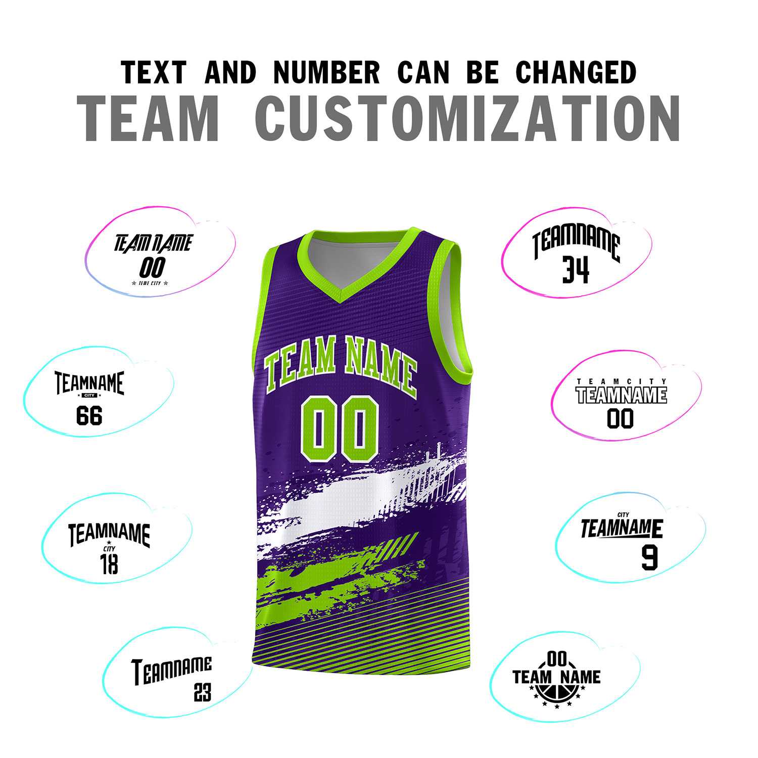 Custom Purple White and Neon Green Graffiti Pattern Sports Uniform Basketball Jersey