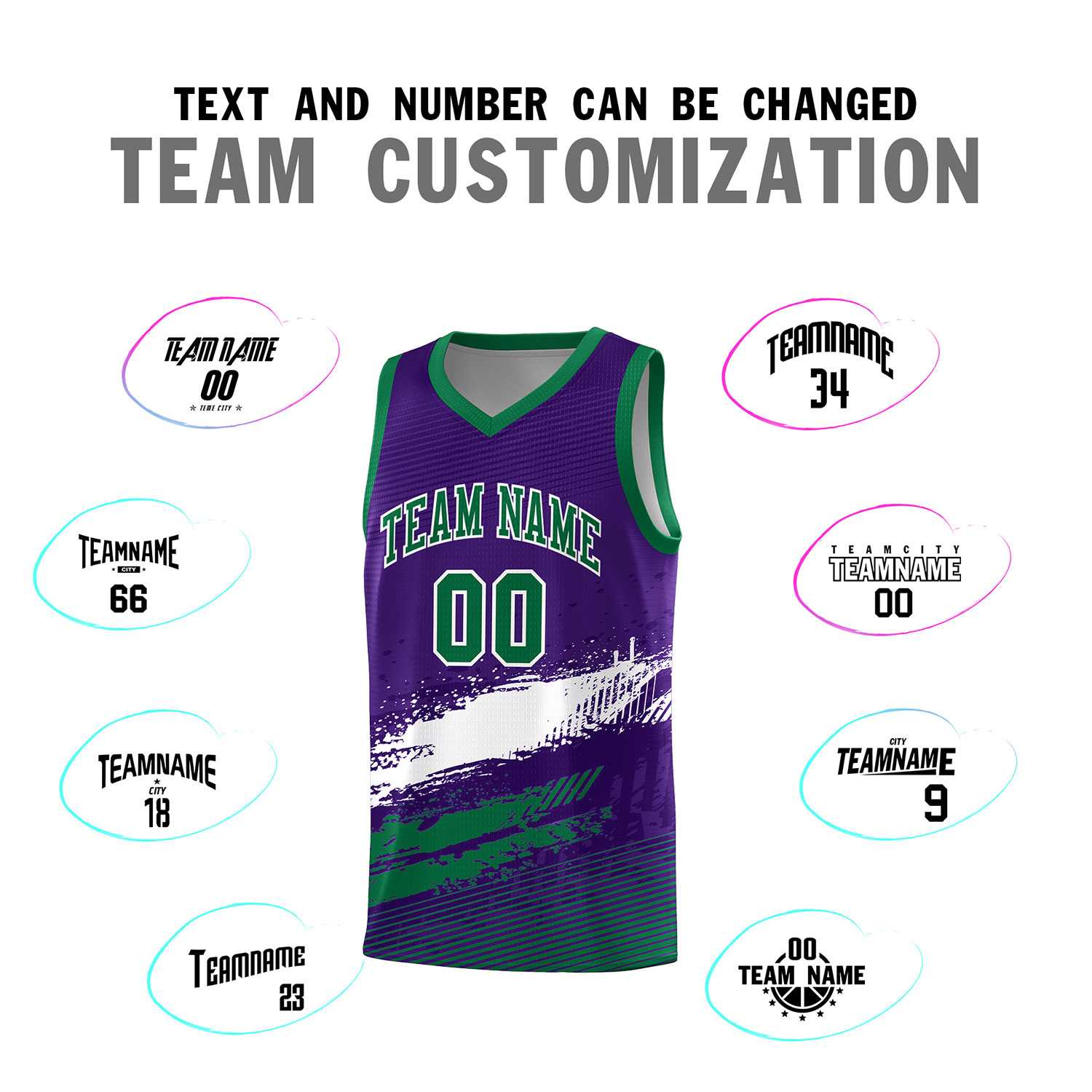 Custom Purple White and Kelly Green Graffiti Pattern Sports Uniform Basketball Jersey