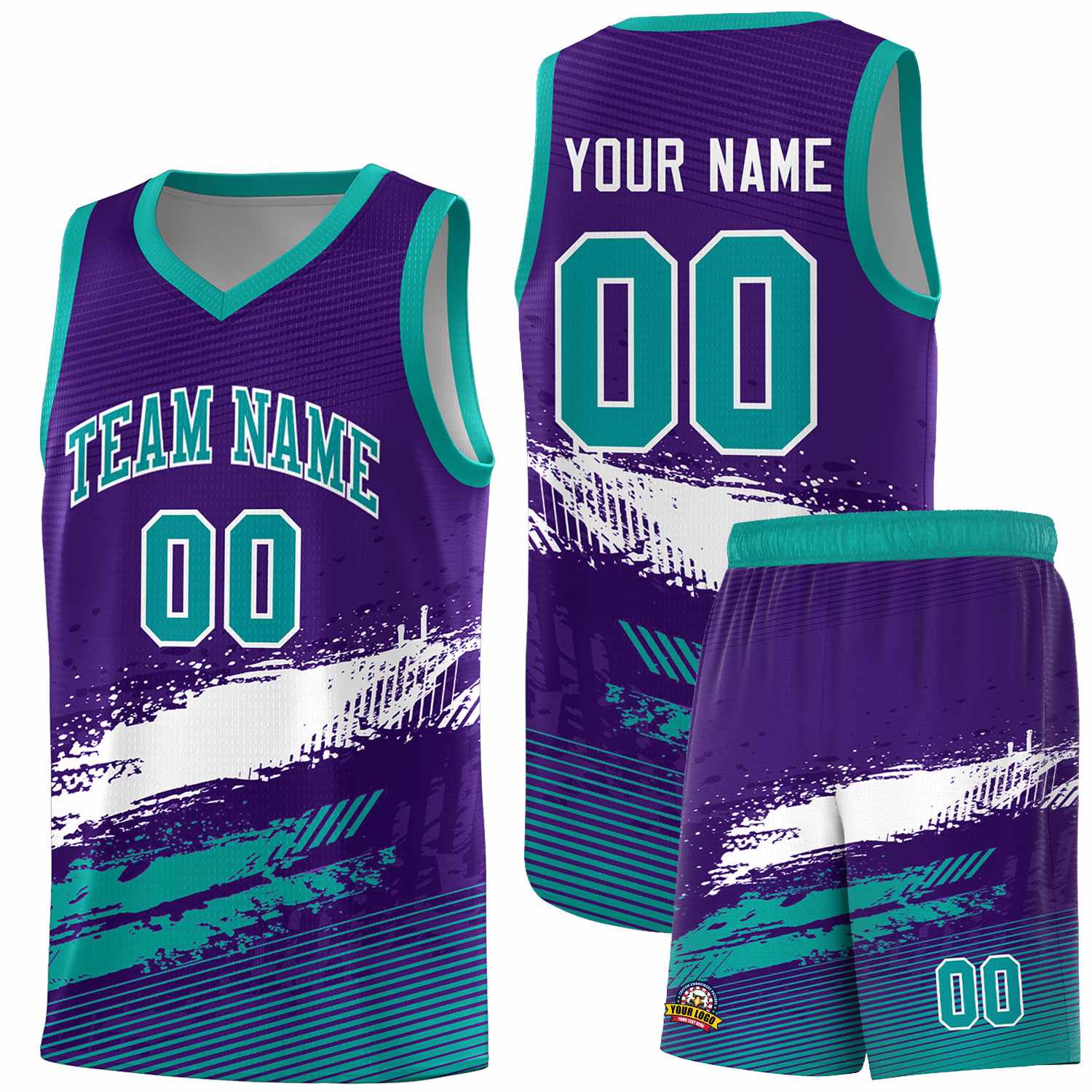 Custom Purple White and Aqua Graffiti Pattern Sports Uniform Basketball Jersey