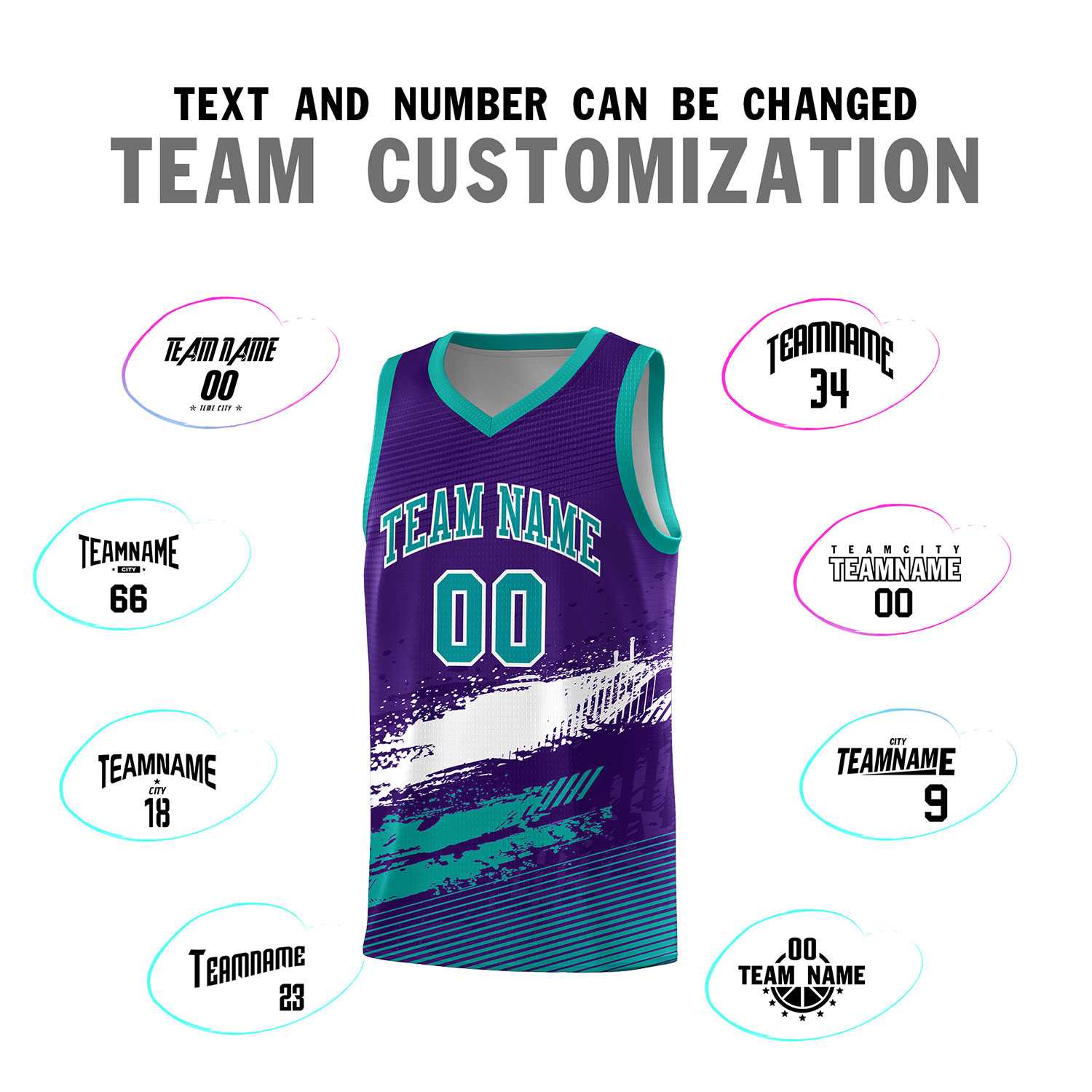 Custom Purple White and Aqua Graffiti Pattern Sports Uniform Basketball Jersey