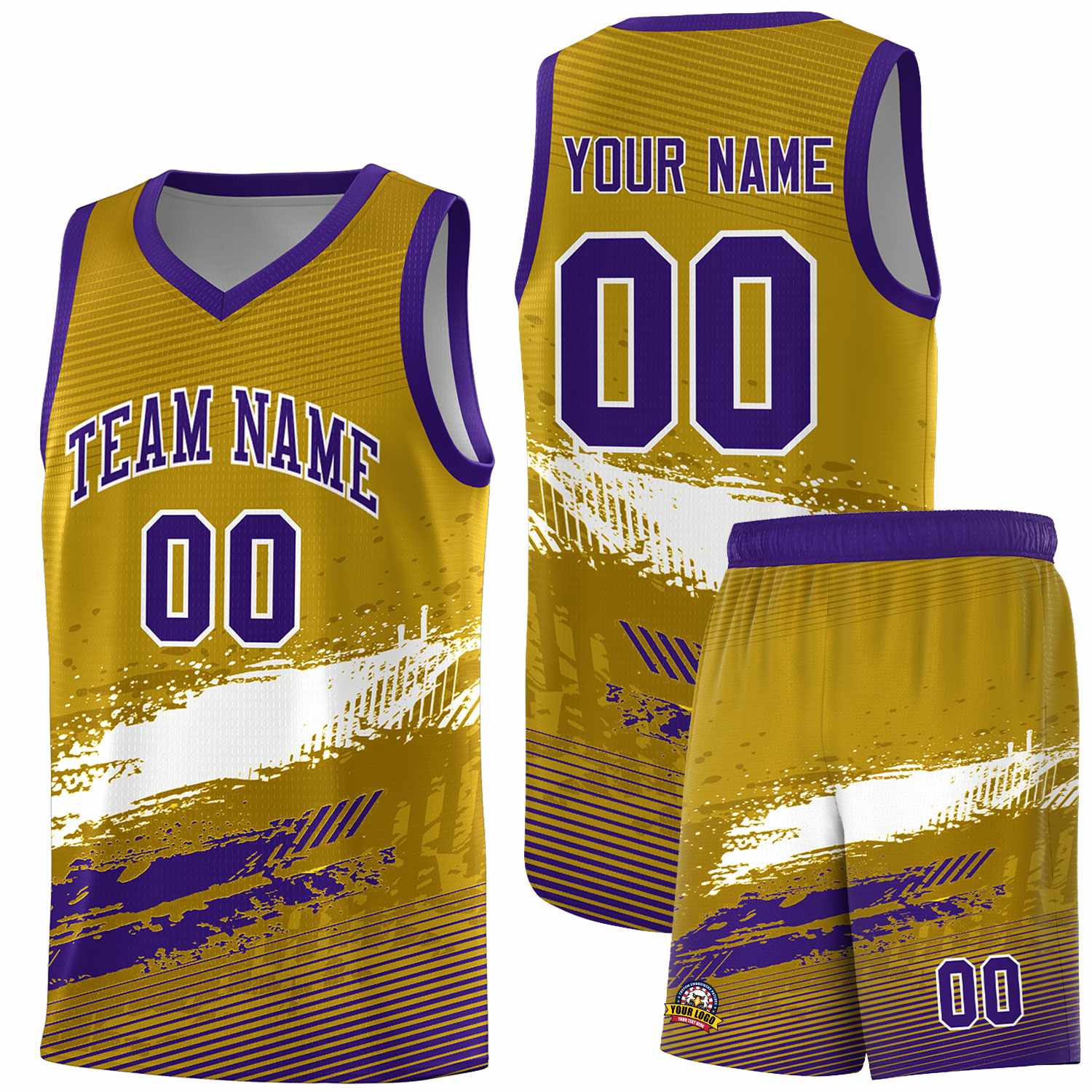 Custom Old Gold White and Purple Graffiti Pattern Sports Uniform Basketball Jersey