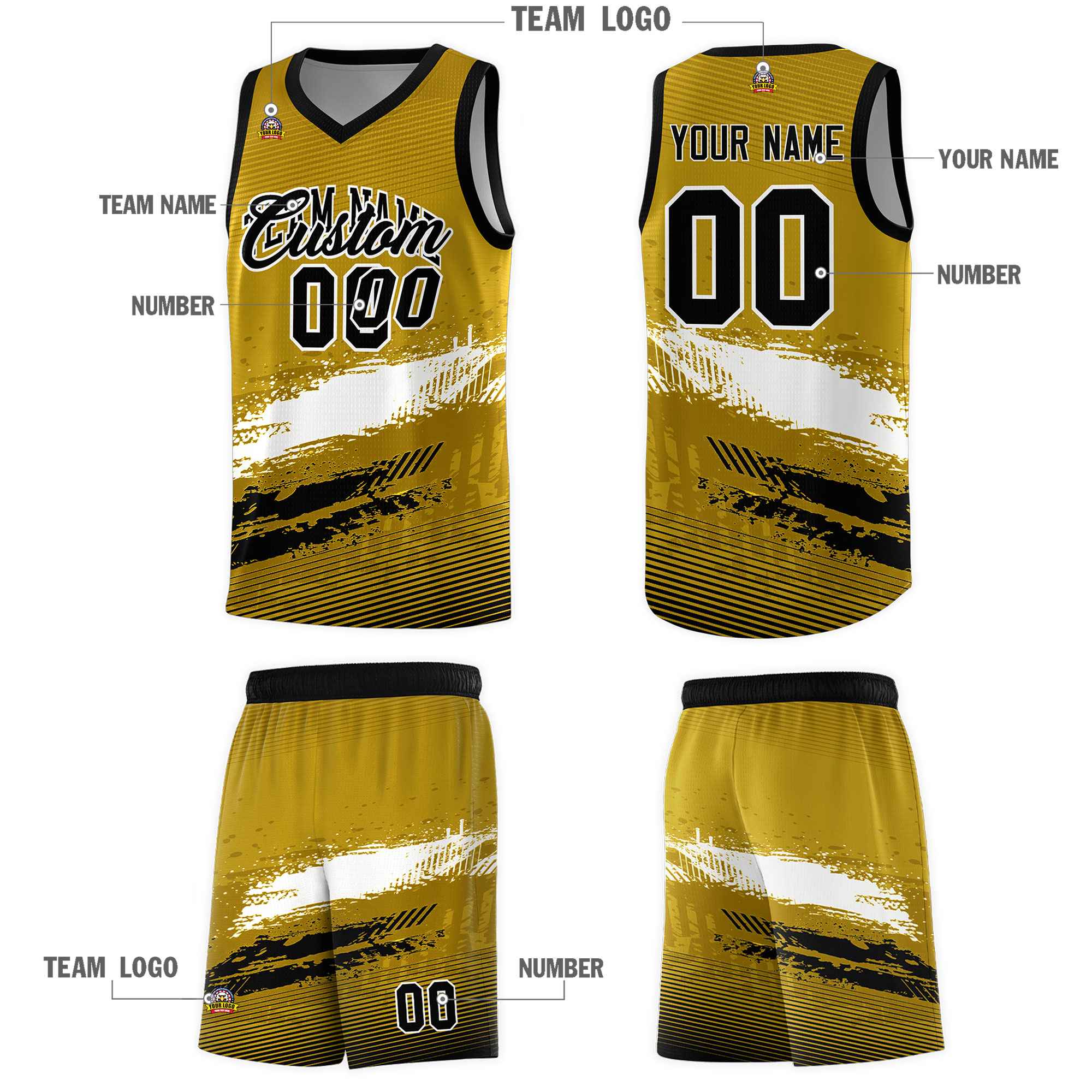 Custom Old Gold White and Black Graffiti Pattern Sports Uniform Basketball Jersey