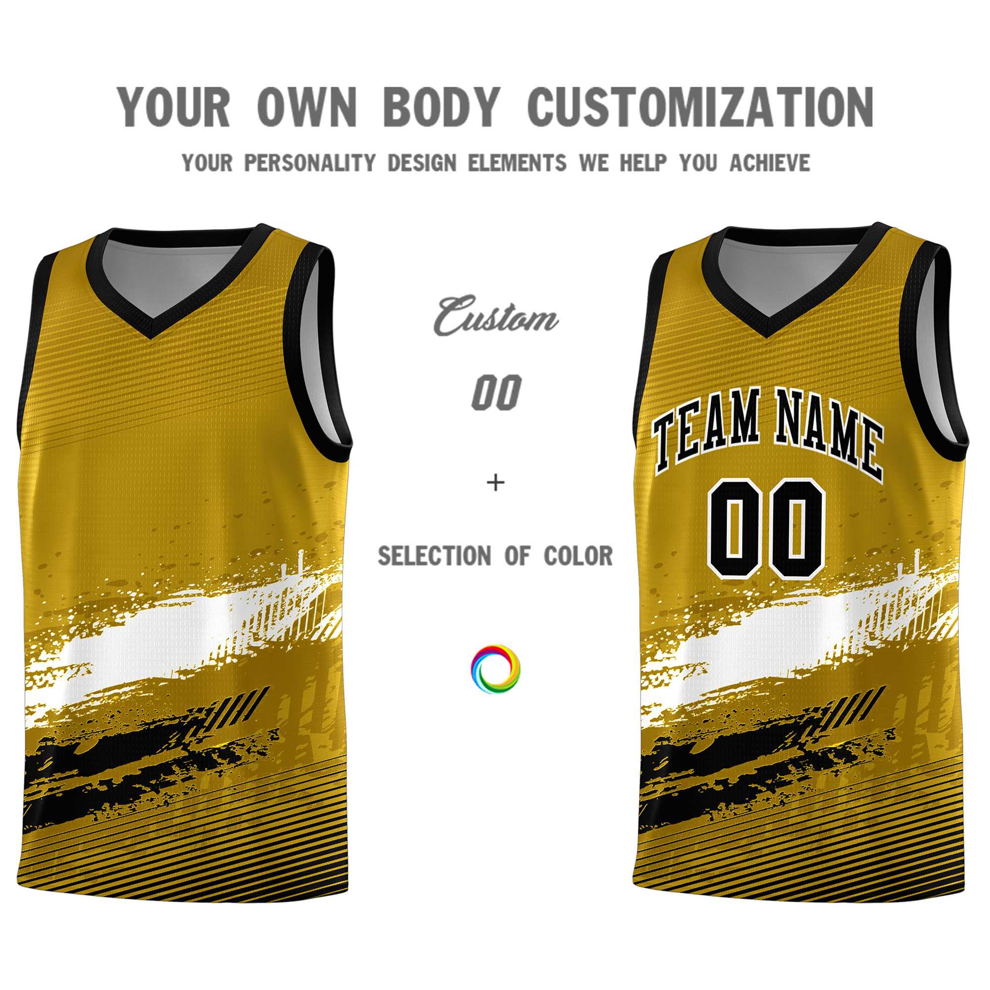 Custom Old Gold White and Black Graffiti Pattern Sports Uniform Basketball Jersey