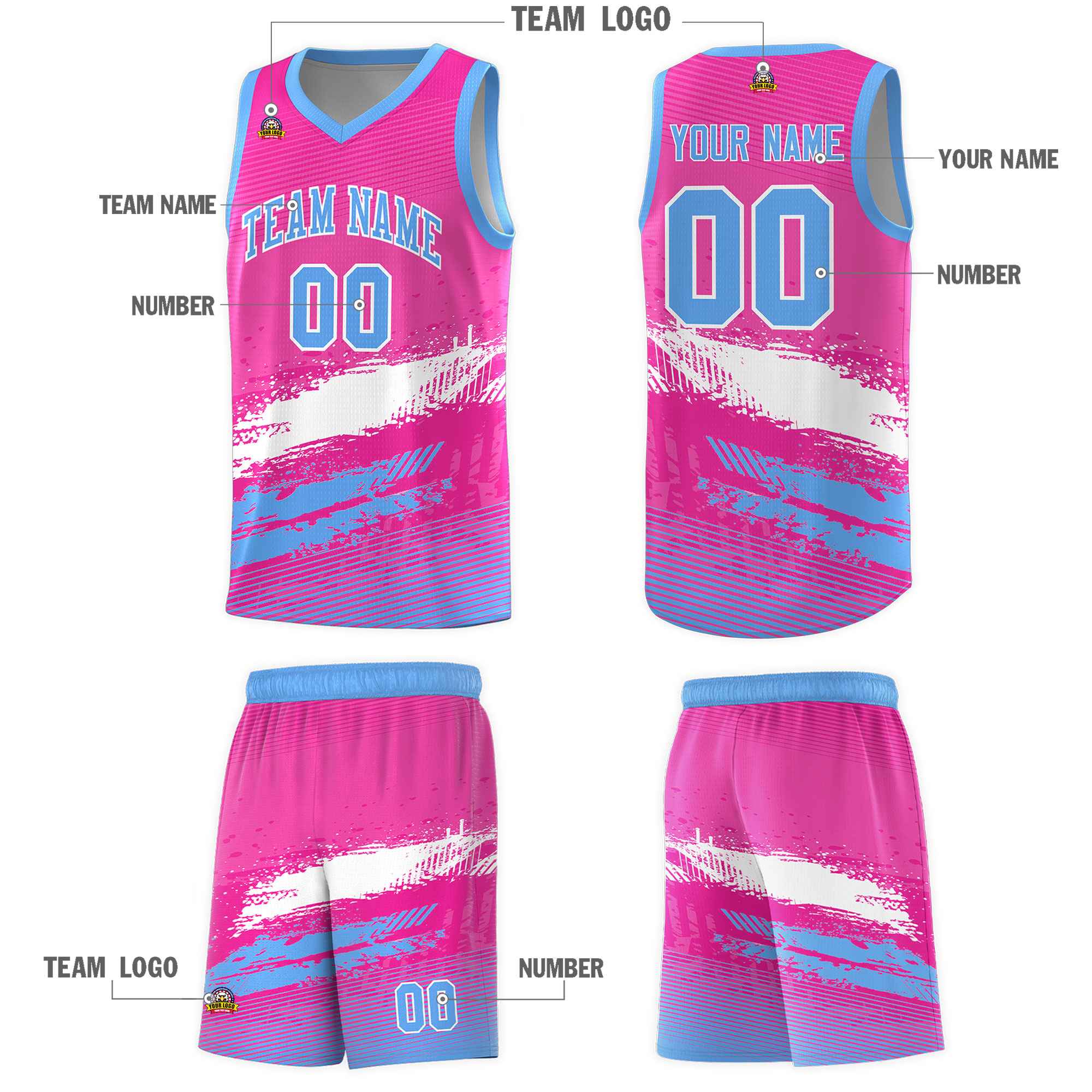 Custom Pink White and Powder Blue Graffiti Pattern Sports Uniform Basketball Jersey