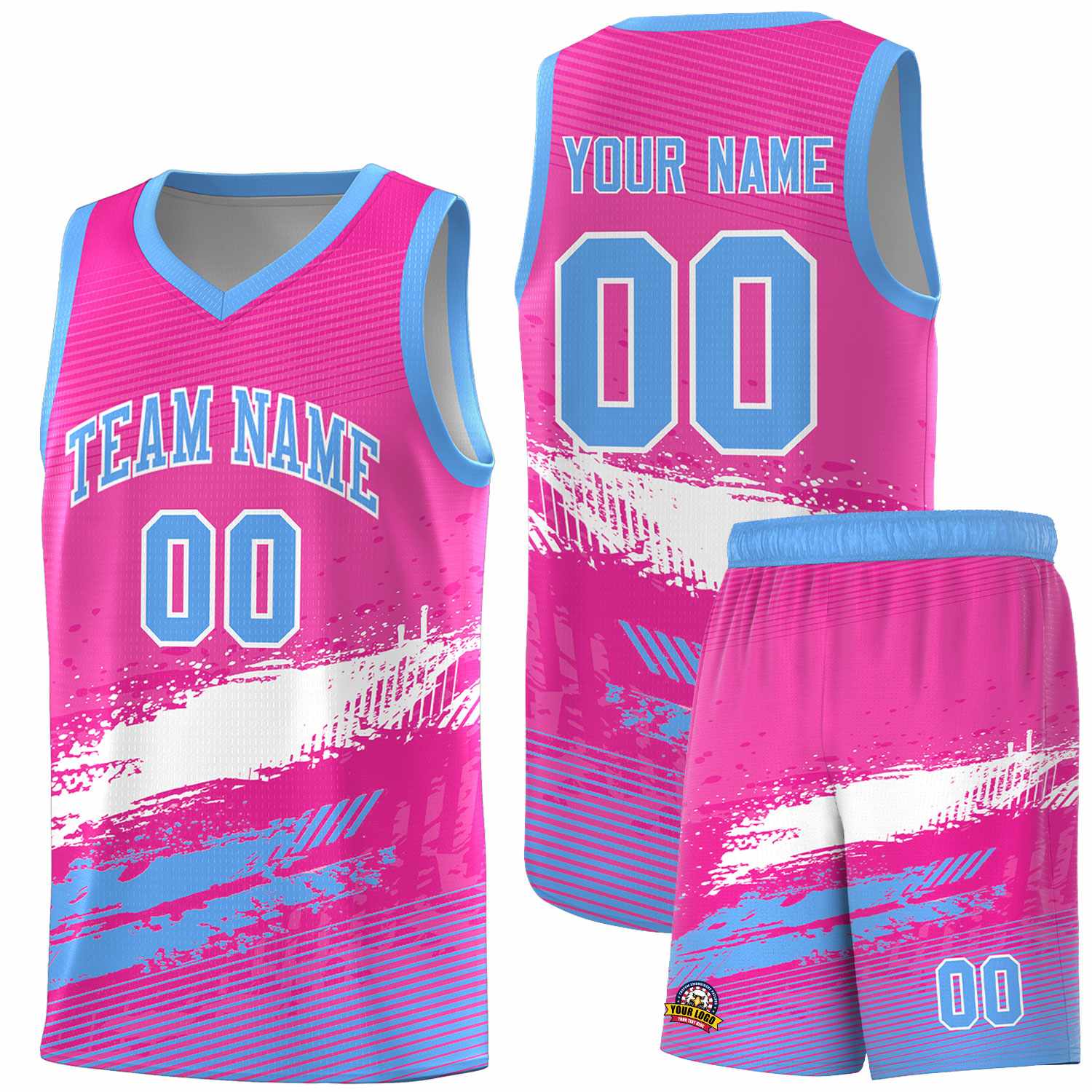 Custom Pink White and Powder Blue Graffiti Pattern Sports Uniform Basketball Jersey