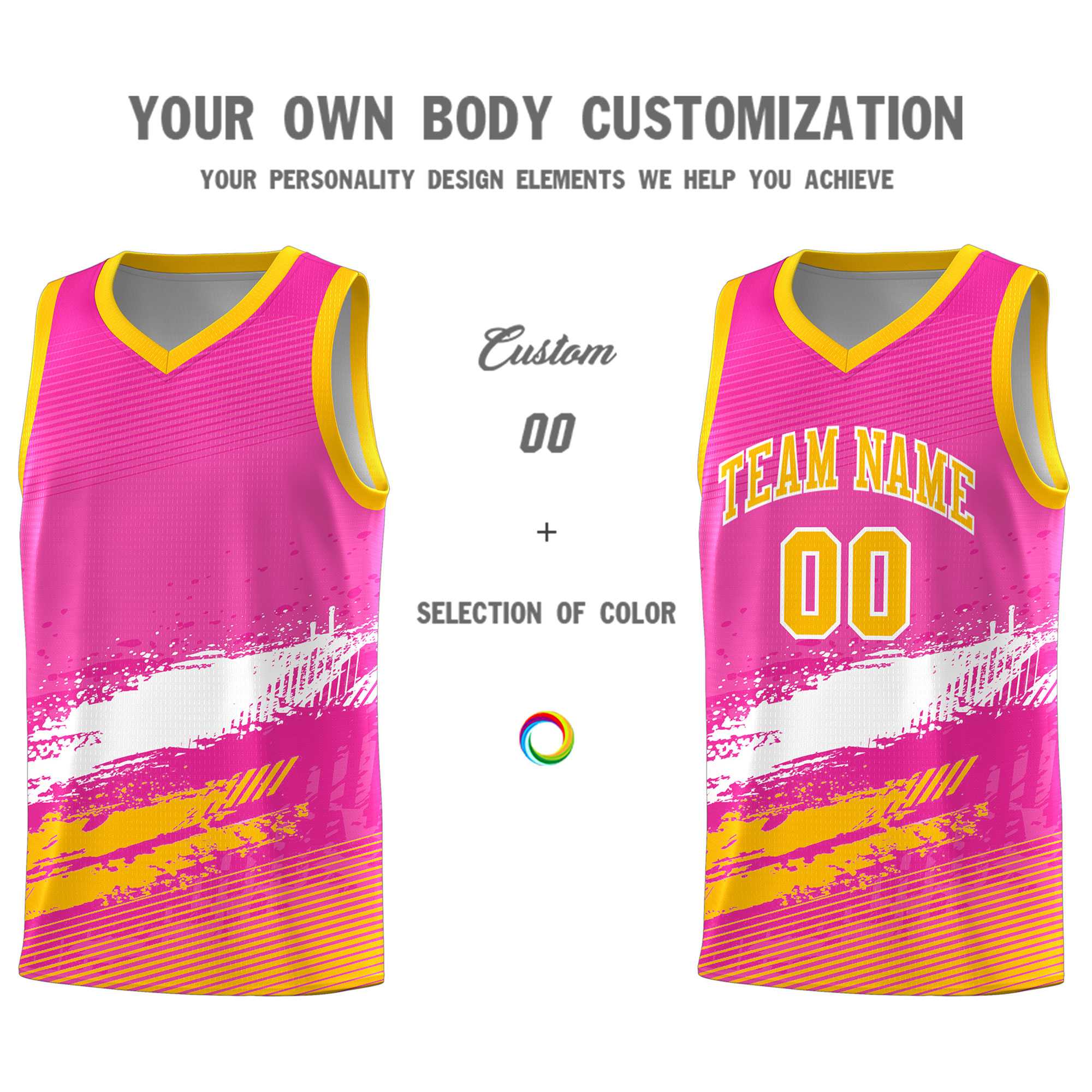 Custom Pink White and Yellow Graffiti Pattern Sports Uniform Basketball Jersey