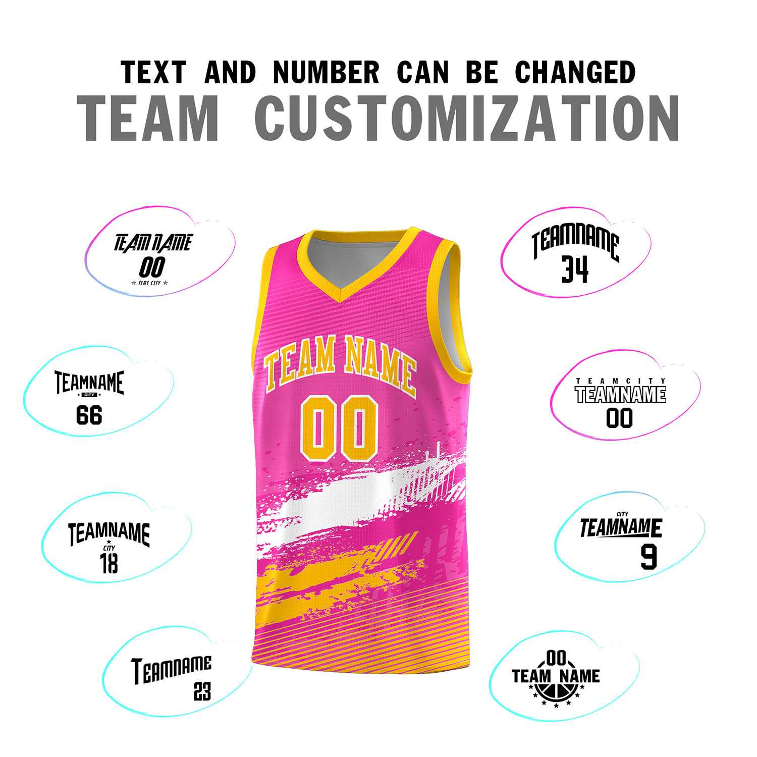 Custom Pink White and Yellow Graffiti Pattern Sports Uniform Basketball Jersey