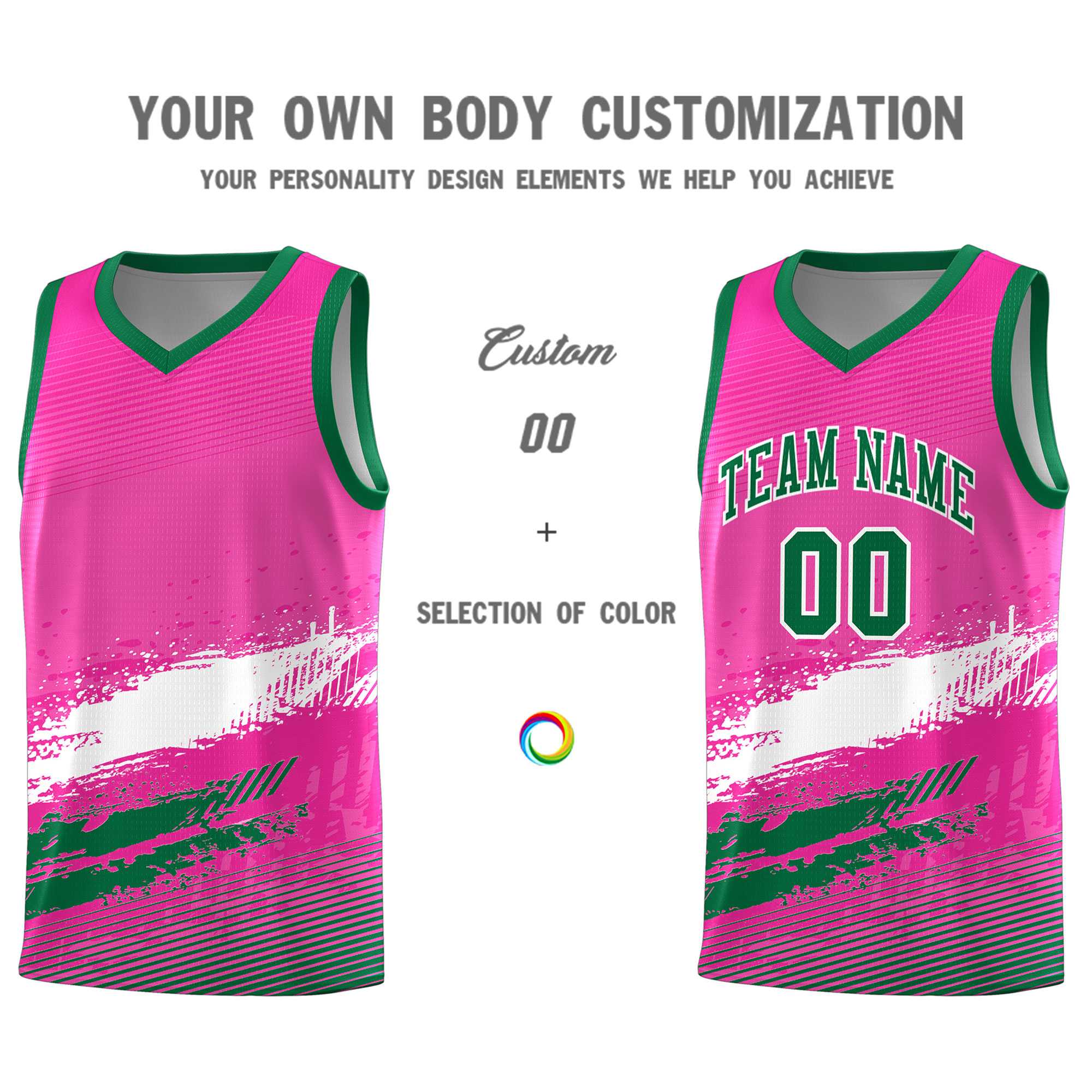 Custom Pink White and Kelly Green Graffiti Pattern Sports Uniform Basketball Jersey